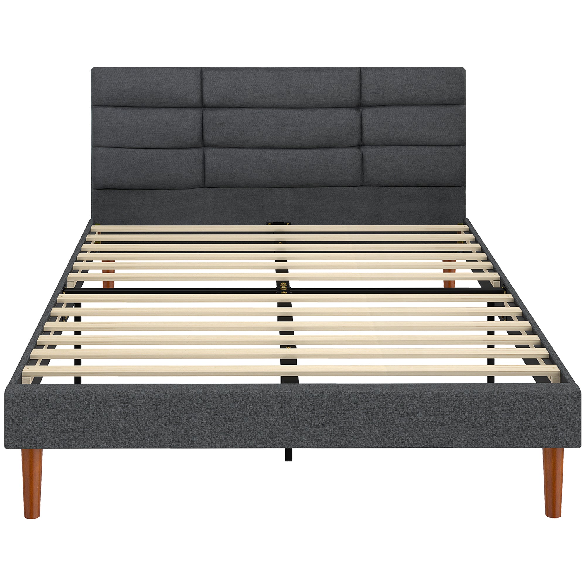 Cadre de Lit 140 x 200 cm avec Sommier Bois, Lit Double Rembourré en Effet Lin, 9 Pieds Robustes Supporte 500 KG, Tête de Lit Quadrillé, Rangement au-dessous, Sans Bruit, Montage Facile, Gris