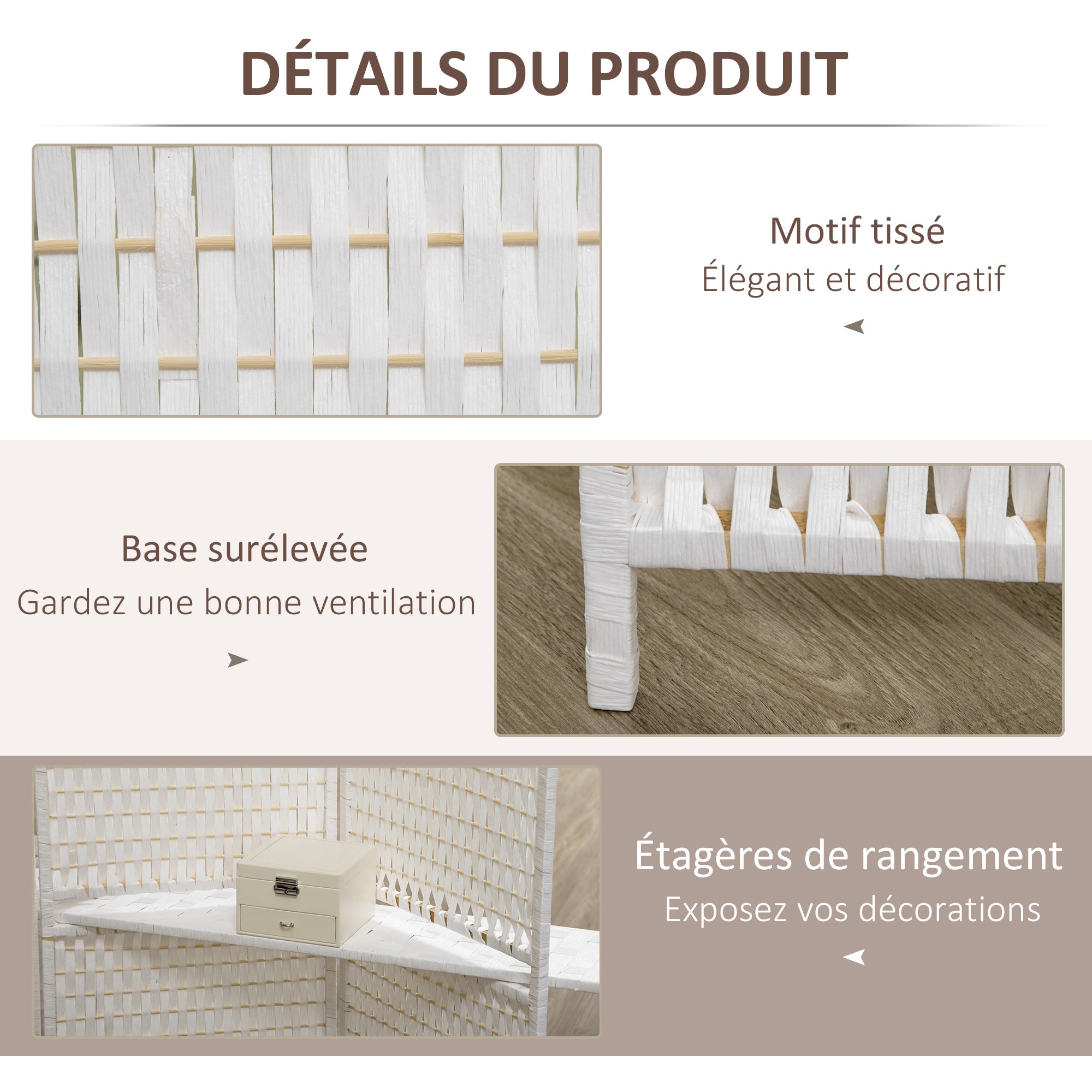 Paravent intérieur 4 panneaux 181L x 180H cm 2 étagères pliables séparateur de pièce bois de pin bambou fibres de papier tressée blanc paille