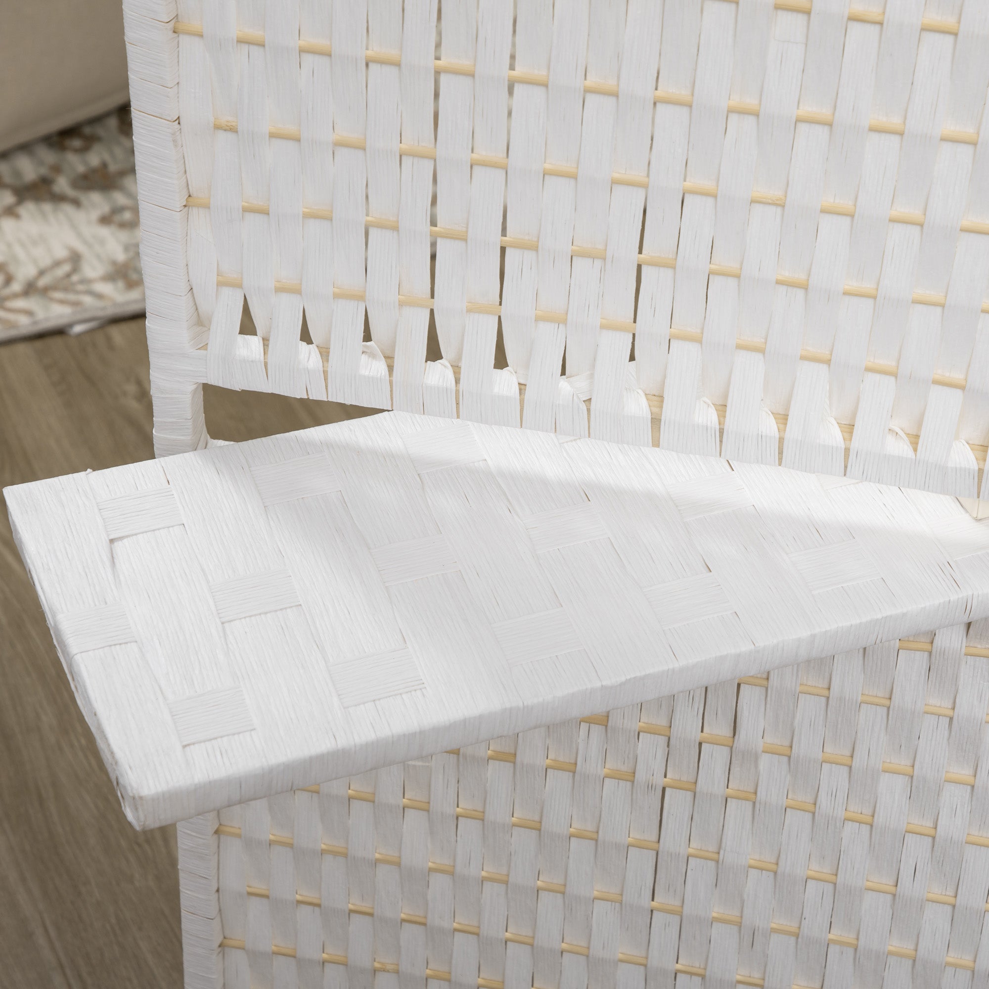 Paravent intérieur 4 panneaux 181L x 180H cm 2 étagères pliables séparateur de pièce bois de pin bambou fibres de papier tressée blanc paille