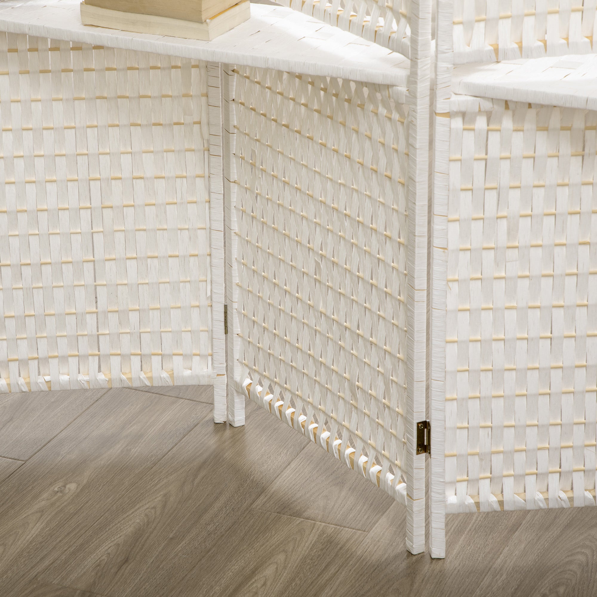 Paravent intérieur 4 panneaux 181L x 180H cm 2 étagères pliables séparateur de pièce bois de pin bambou fibres de papier tressée blanc paille
