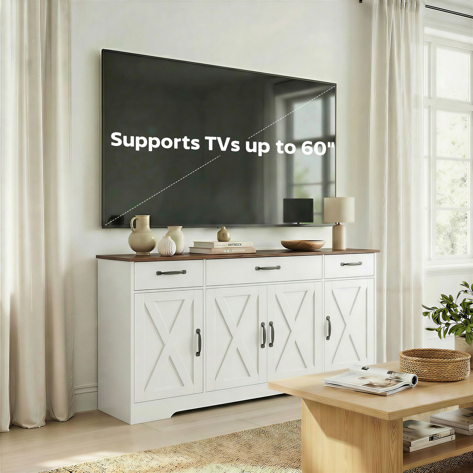Buffet Cuisine, Meuble de Rangement avec 4 Portes de Grange, 3 Tiroirs et Étagères Réglables, Meuble TV pour Téléviseurs Jusqu'à 60 Pouces, pour Salon et Chambre, 140 x 40 x 81 cm, Blanc