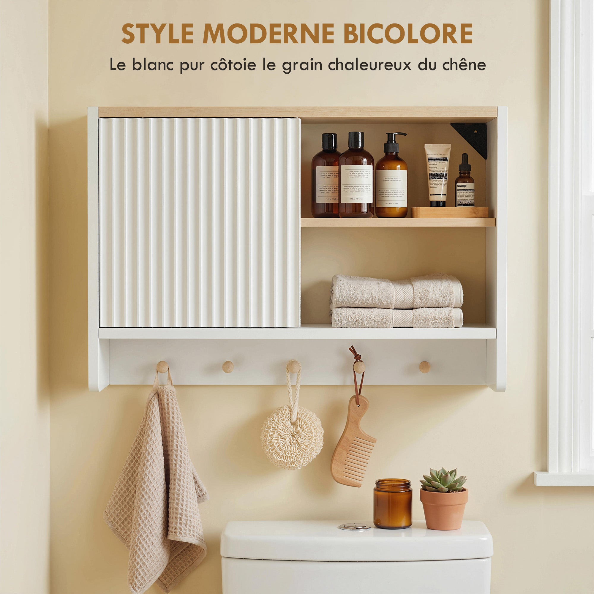 Armoire murale de salle de bain, meuble de rangement suspendu pour salle de bains avec porte, étagères ouvertes et 5 crochets, meuble WC suspendu, 60 x 20 x 40 cm, blanc et chêne