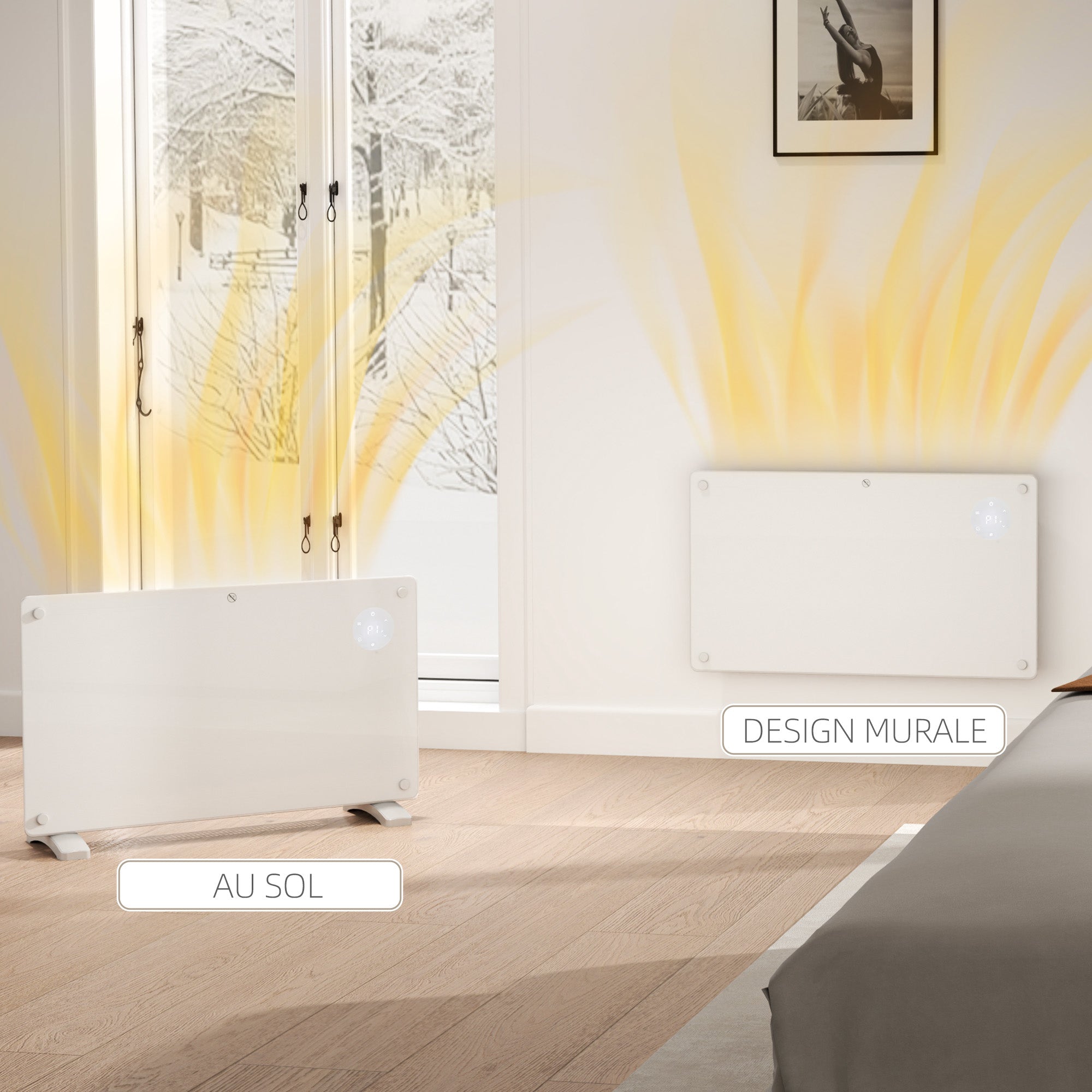 Radiateur électrique chauffage électrique mural ou au sol 1500W convecteur en verre avec affichage LED, minuterie 24 heures ou hebdomadaire, thermostat, télécommande, blanc