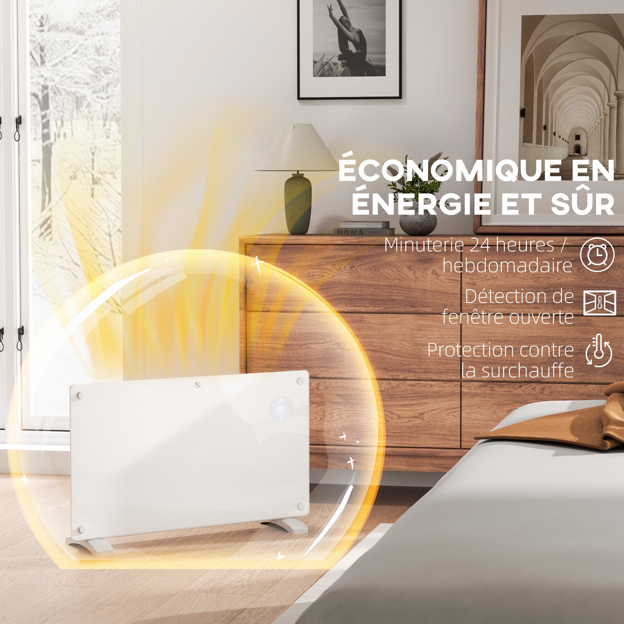 Radiateur électrique chauffage électrique mural ou au sol 1500W convecteur en verre avec affichage LED, minuterie 24 heures ou hebdomadaire, thermostat, télécommande, blanc