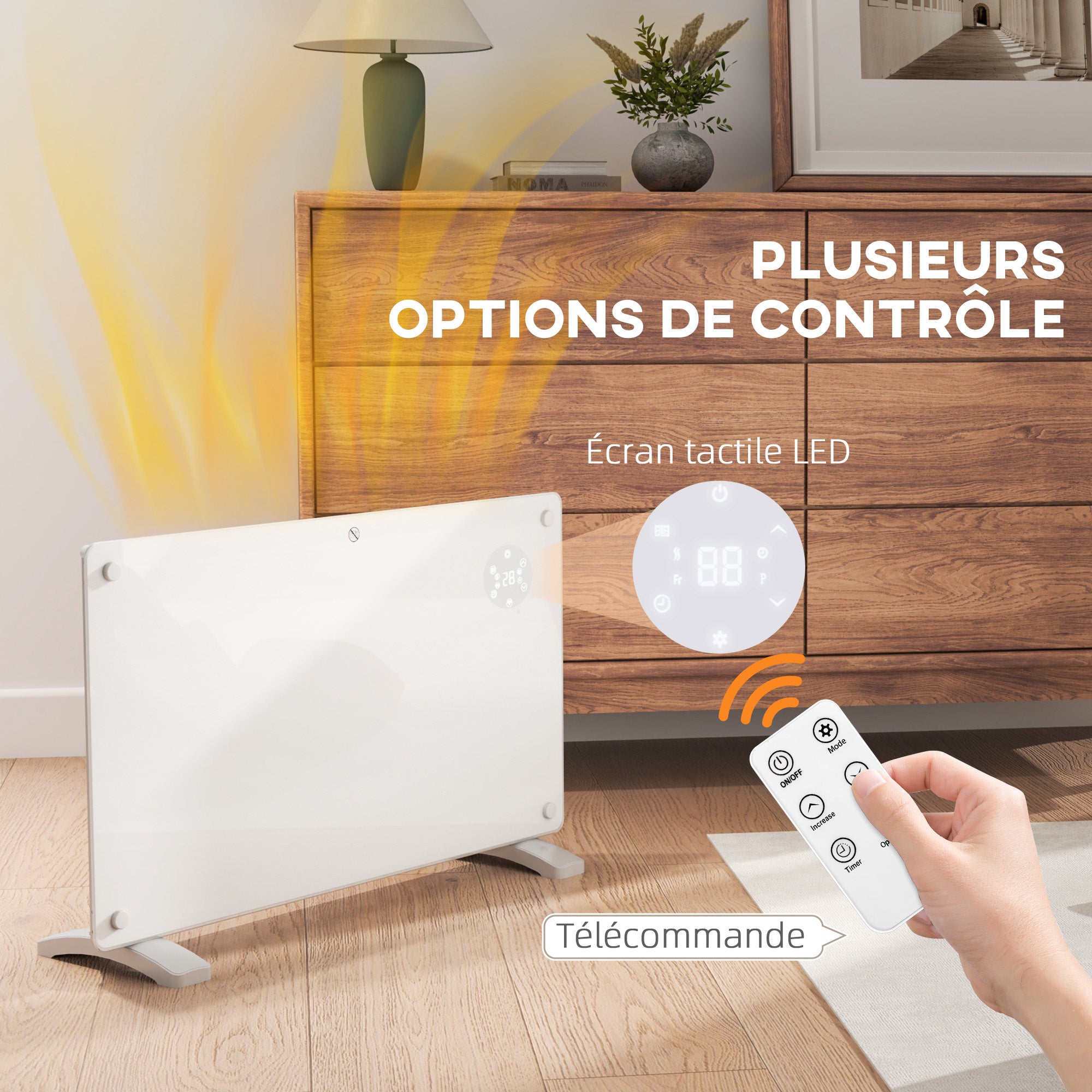 Radiateur électrique chauffage électrique mural ou au sol 1500W convecteur en verre avec affichage LED, minuterie 24 heures ou hebdomadaire, thermostat, télécommande, blanc