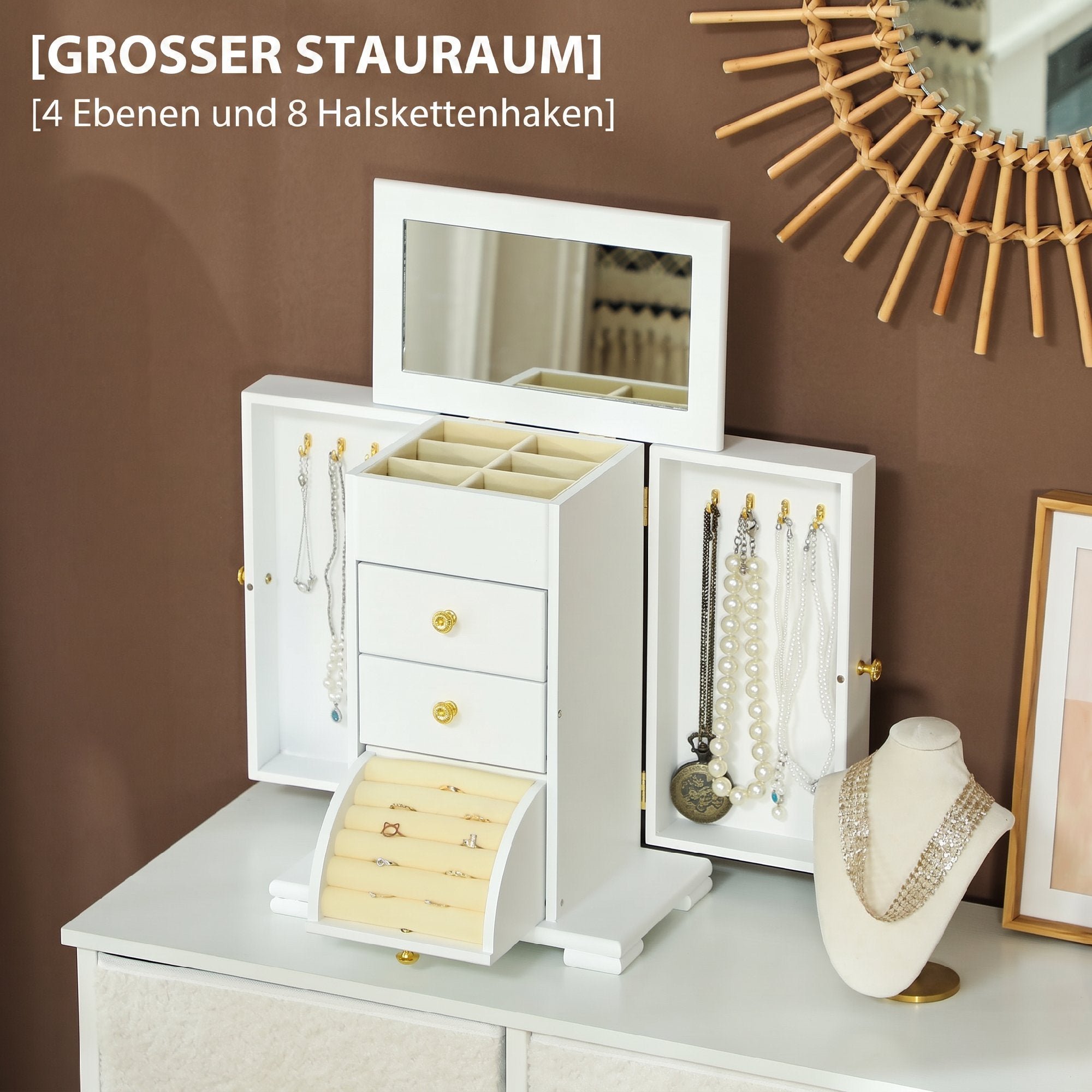Boîte à Bijoux Femme à 4 Niveaux, Coffre à Bijoux en Bois avec Ailes, Miroir et 2 Tiroirs pour Bagues, Boucles d'Oreilles, Colliers et Bracelets, Blanc