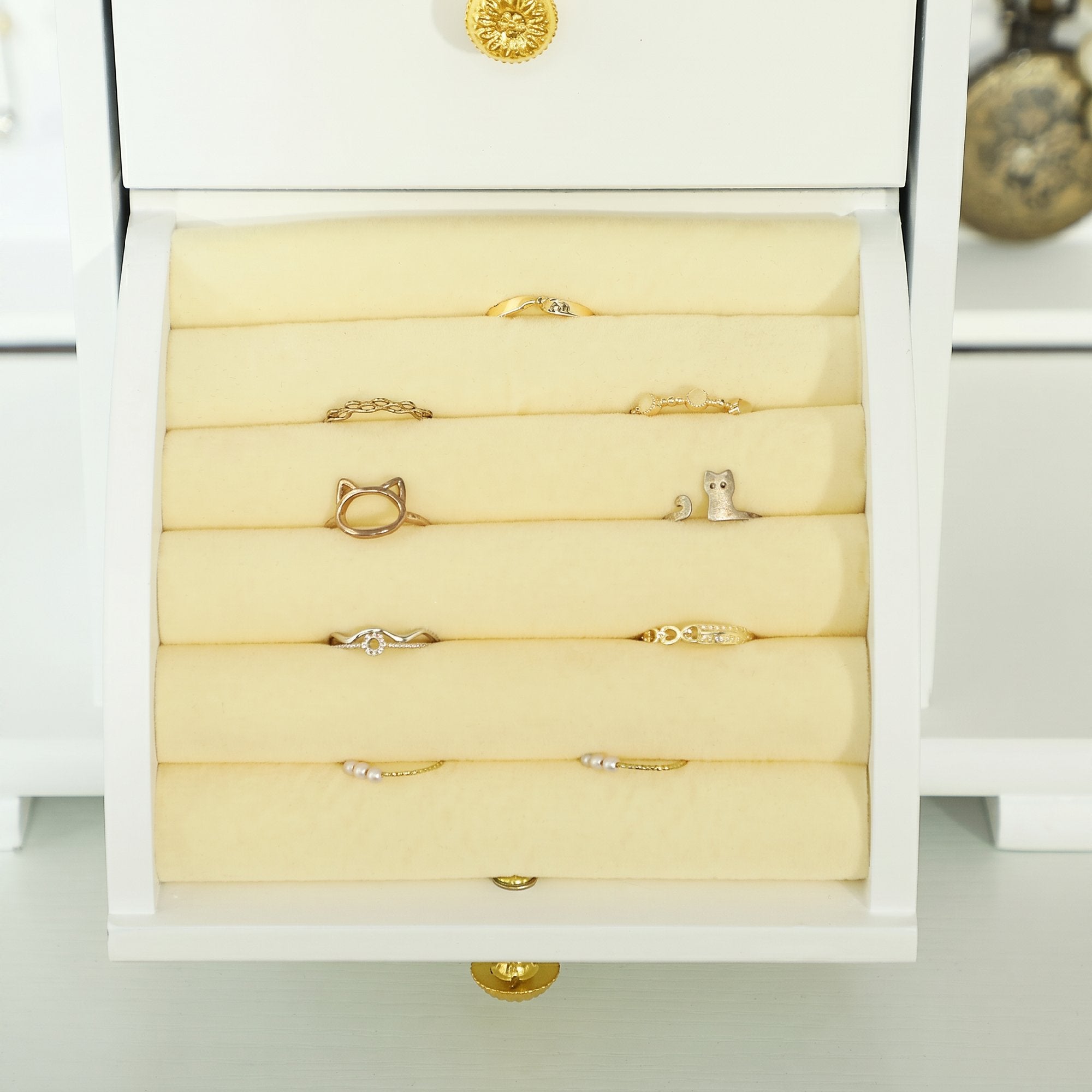 Boîte à Bijoux Femme à 4 Niveaux, Coffre à Bijoux en Bois avec Ailes, Miroir et 2 Tiroirs pour Bagues, Boucles d'Oreilles, Colliers et Bracelets, Blanc