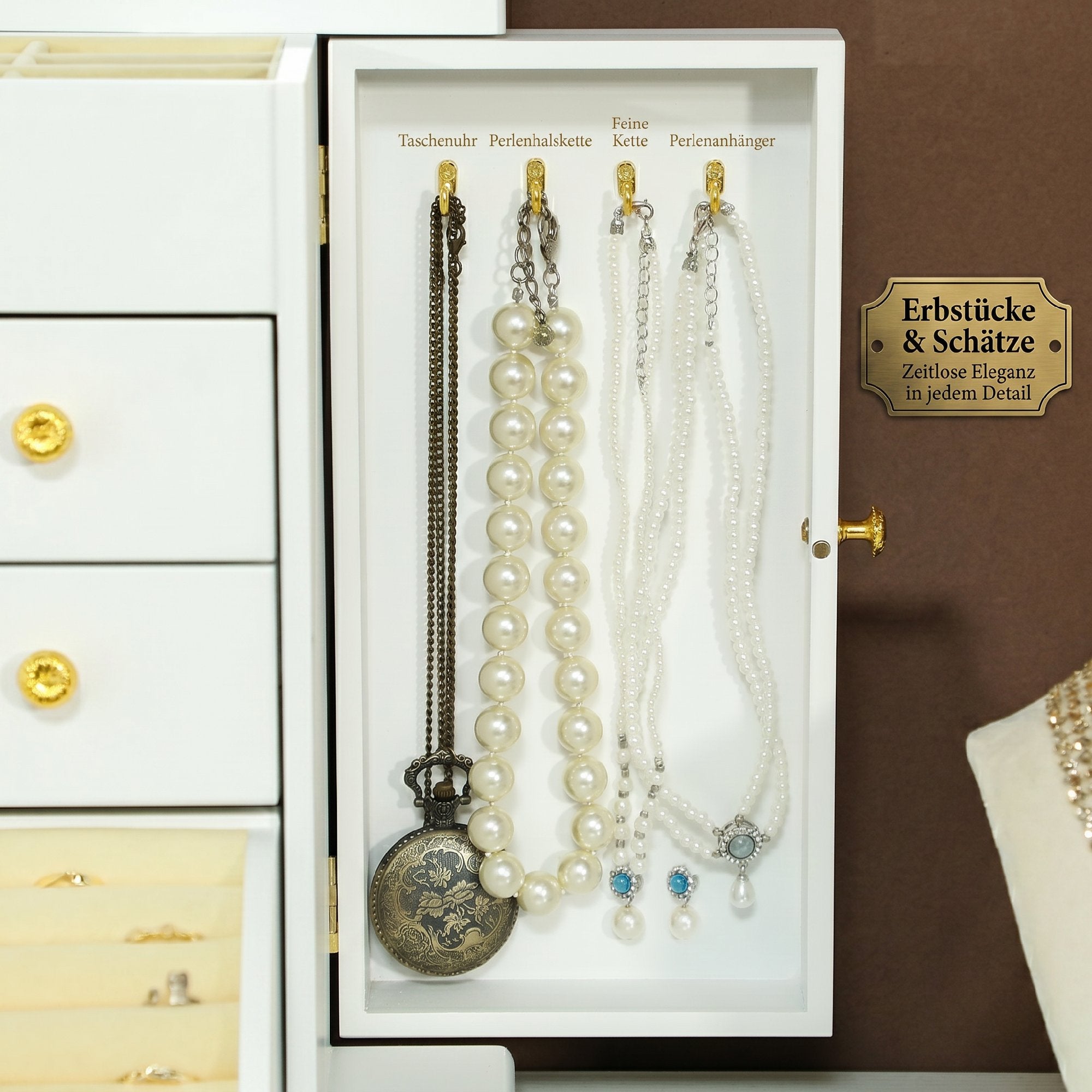 Boîte à Bijoux Femme à 4 Niveaux, Coffre à Bijoux en Bois avec Ailes, Miroir et 2 Tiroirs pour Bagues, Boucles d'Oreilles, Colliers et Bracelets, Blanc