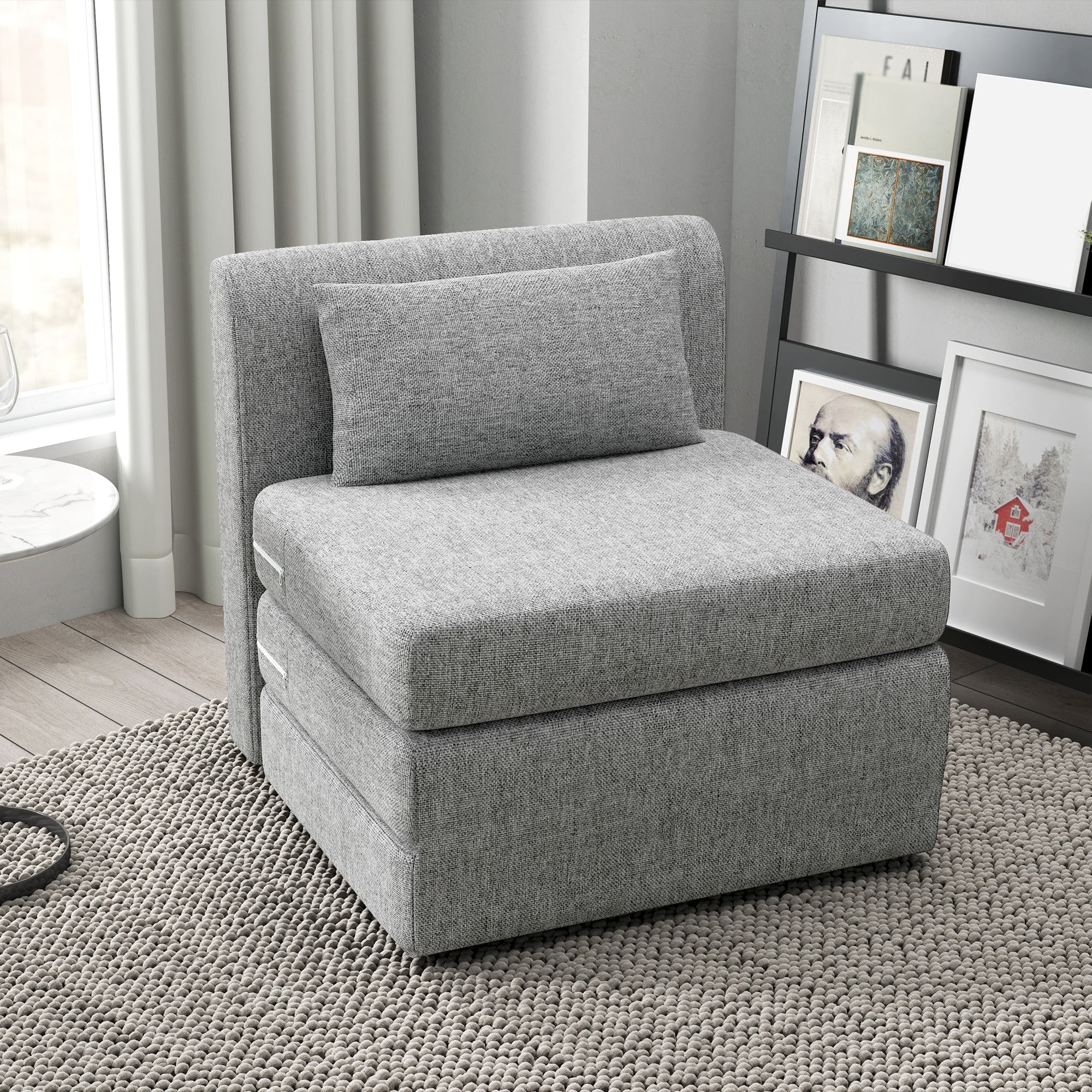 Fauteuil convertible 1 place fauteuil paresseux chauffeuse 1 place - coussin inclus, matelas tri-dépliant - pour invités, salon, charge 240 kg, tissu lin gris