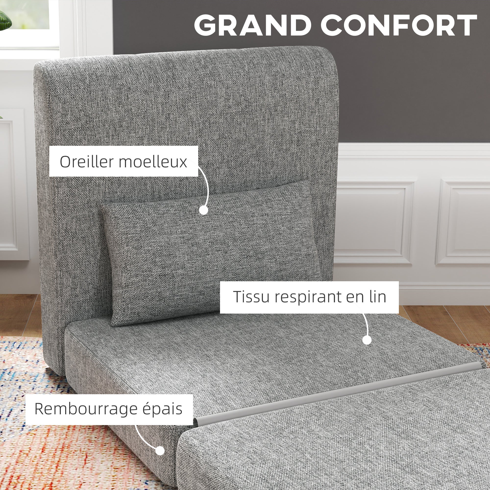 Fauteuil convertible 1 place fauteuil paresseux chauffeuse 1 place - coussin inclus, matelas tri-dépliant - pour invités, salon, charge 240 kg, tissu lin gris