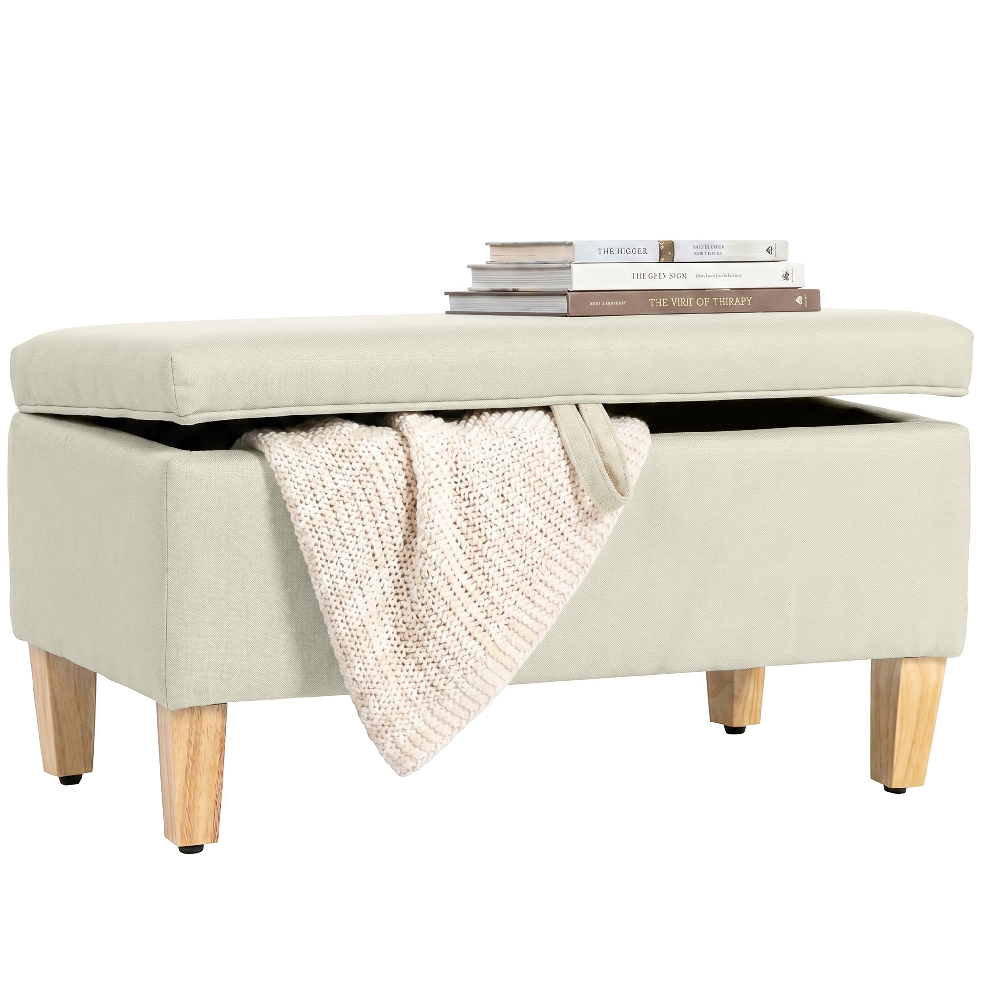 Banc de rangement, bout de lit, repose-pieds rembourré en lin avec pieds en bois de caoutchouc, pour salon, chambre, entrée, 71 x 37 x 36 cm, beige