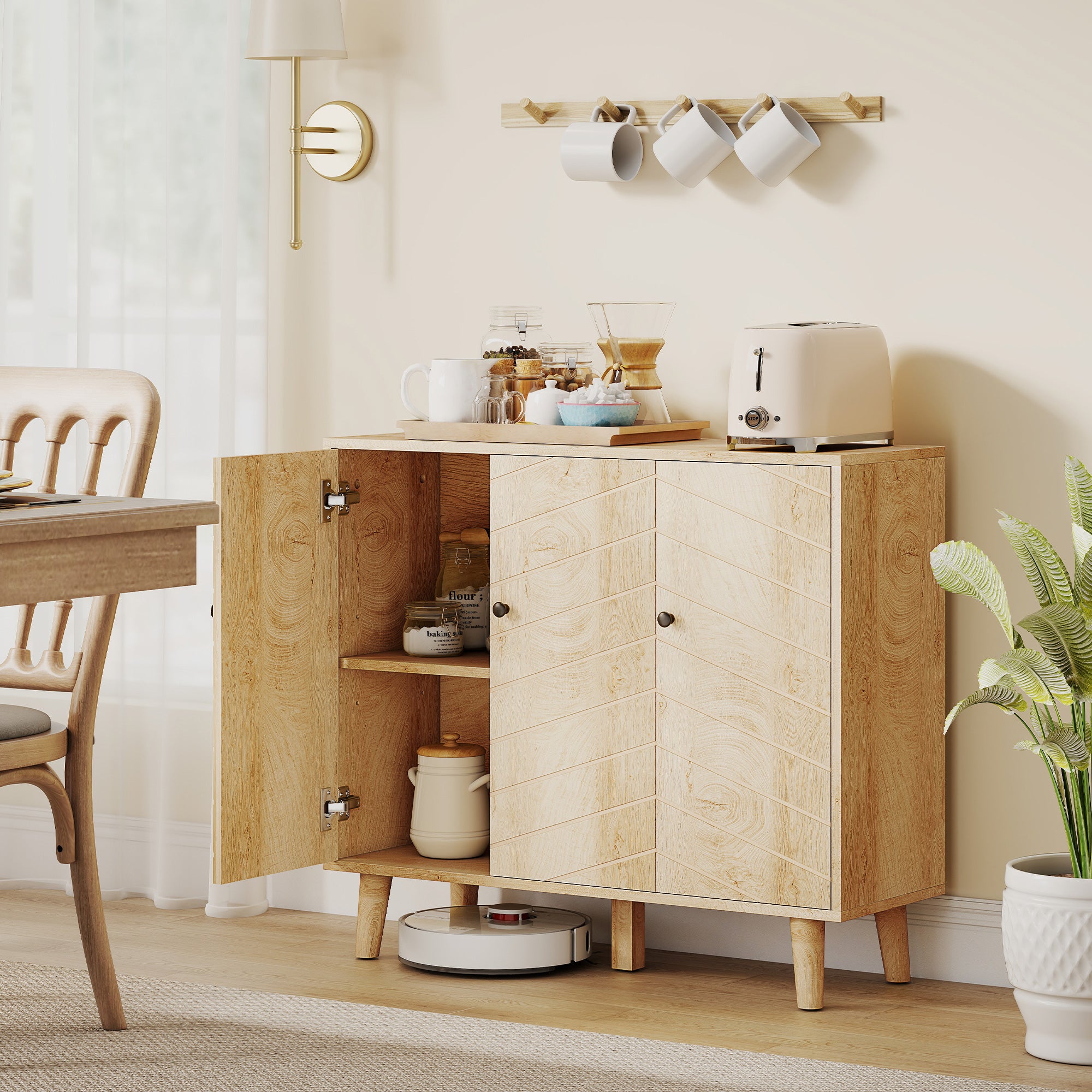 Buffet Cuisine, Meuble de Rangement avec 3 Portes à Motif Chevron et Pieds en Bois de Pin, Style Moderne, Buffet Salle à Manger, Salon et Chambre, 88,3 x 30 x 76 cm, Bois Naturel