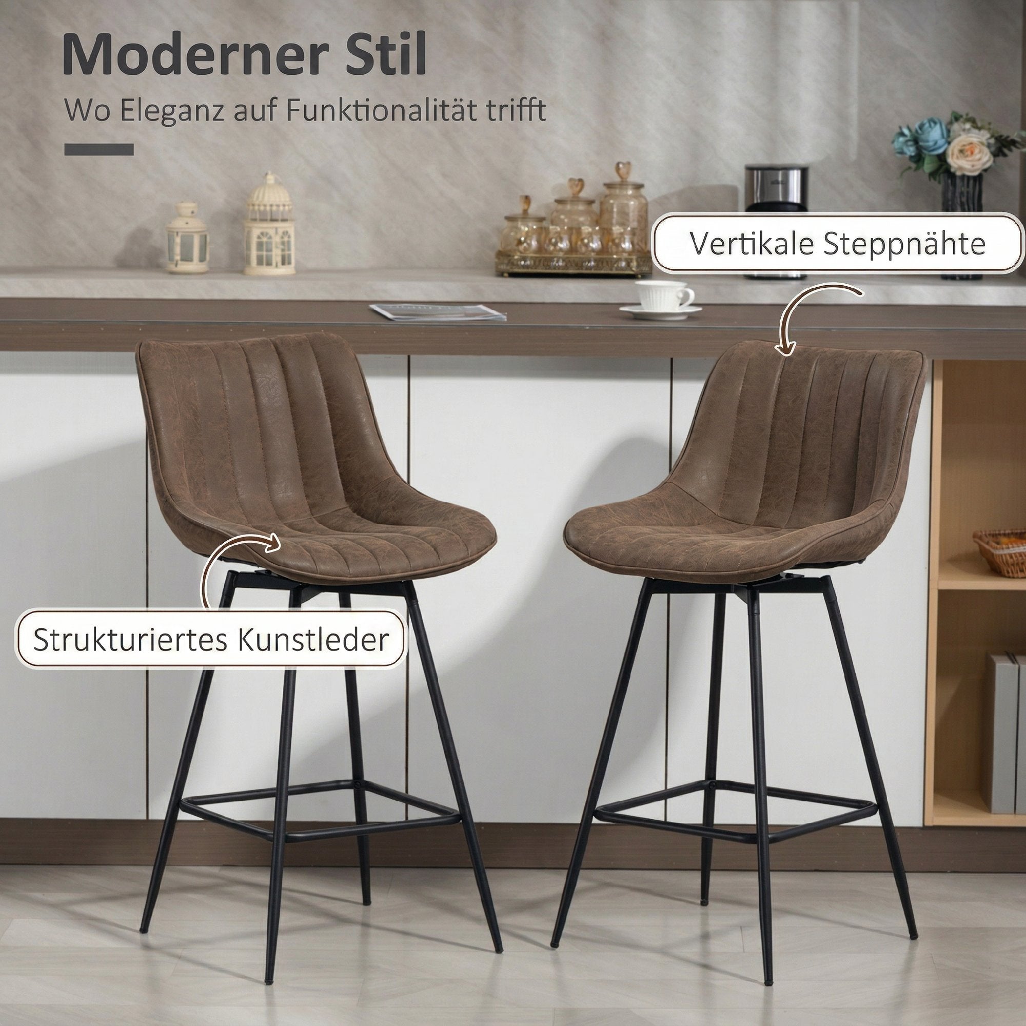 Lot de 2 Tabourets de Bar, Chaises de Bar Moderne en PU, Assise Rembourrée 68H cm à Pivotant à 360°, Dossier et Repose-Pieds, Pieds en Acier, Chaises Hautes Cuisine, Salle À Manger, Marron