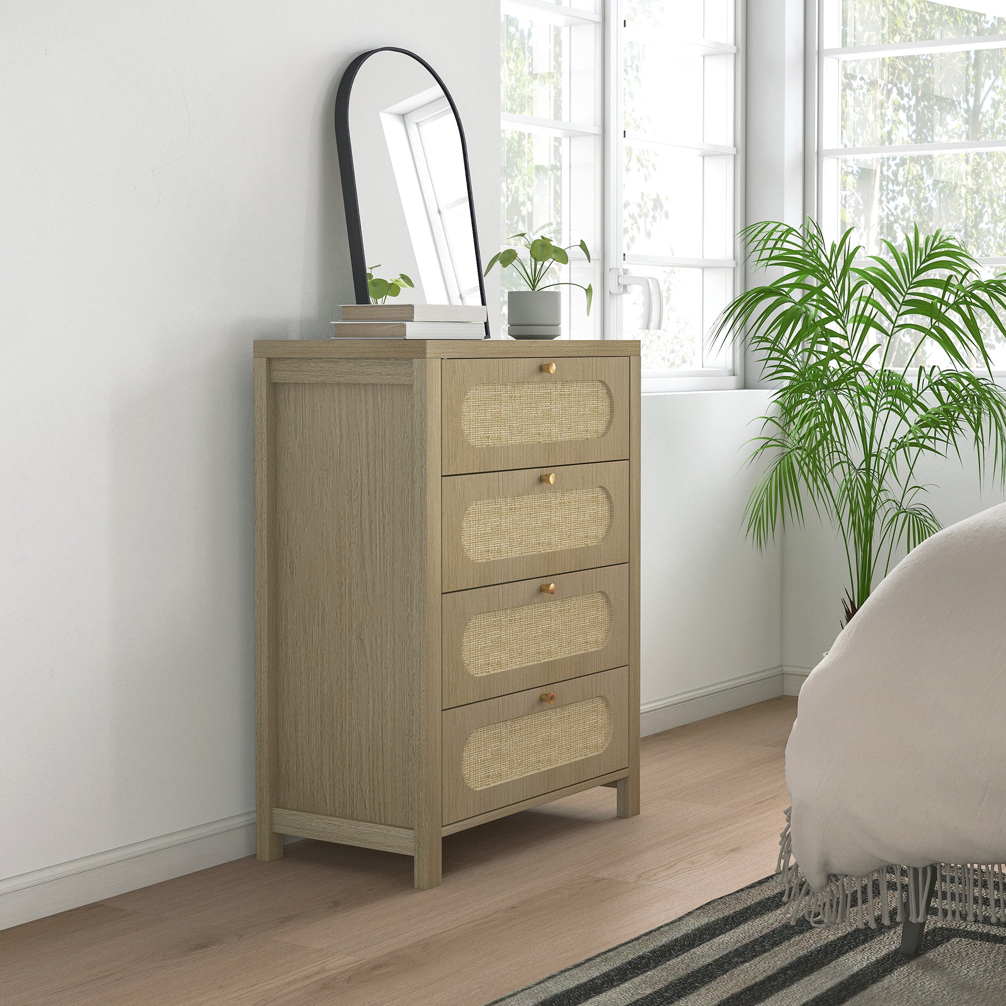 Commode 4 tiroirs meuble de rangement style bohémienne avec portes en résine tressée, poignées dorés, commode chambre à coucher, salon - 70 x 38 x 93 cm, effet bois naturel