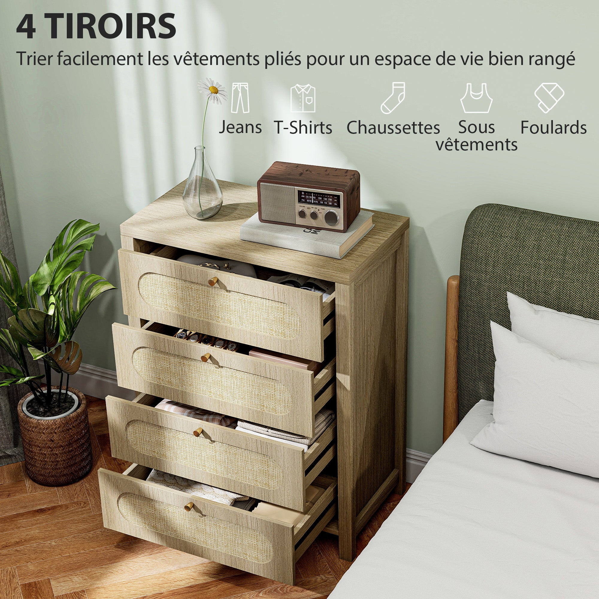 Commode 4 tiroirs meuble de rangement style bohémienne avec portes en résine tressée, poignées dorés, commode chambre à coucher, salon - 70 x 38 x 93 cm, effet bois naturel