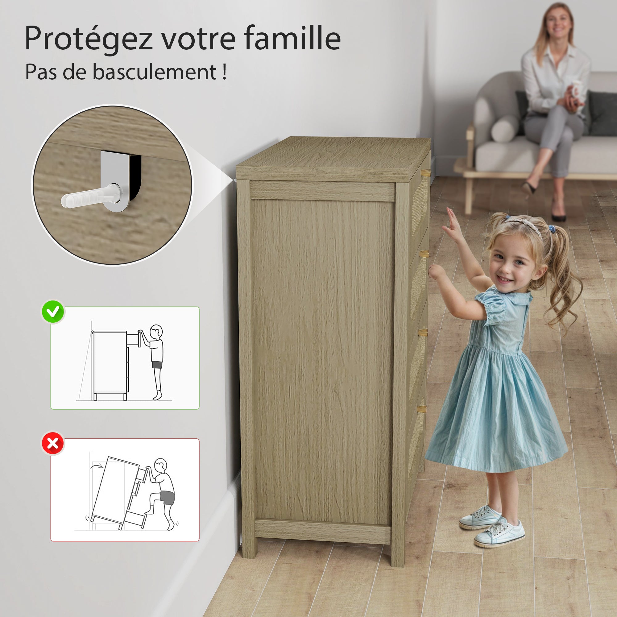 Commode 4 tiroirs meuble de rangement style bohémienne avec portes en résine tressée, poignées dorés, commode chambre à coucher, salon - 70 x 38 x 93 cm, effet bois naturel