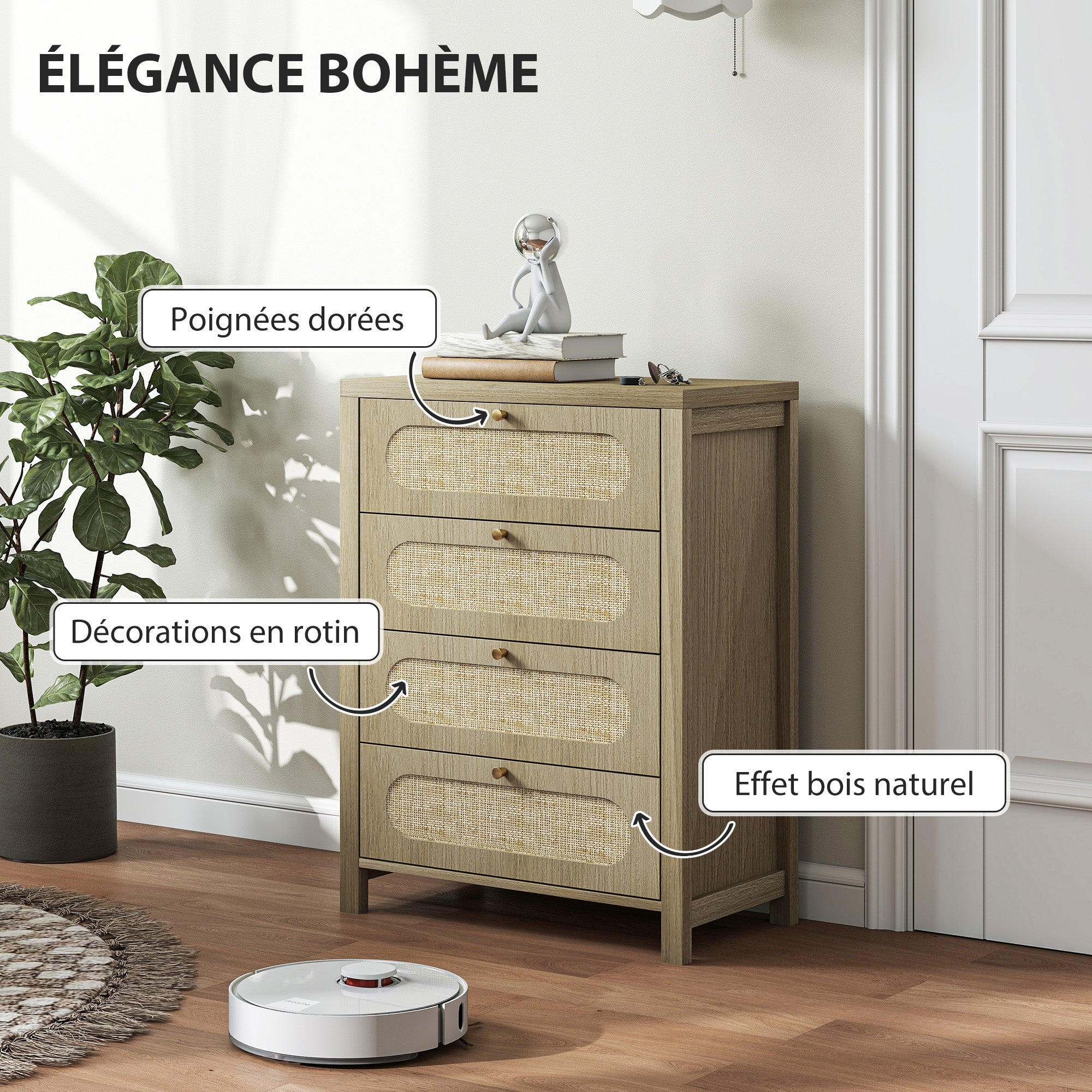 Commode 4 tiroirs meuble de rangement style bohémienne avec portes en résine tressée, poignées dorés, commode chambre à coucher, salon - 70 x 38 x 93 cm, effet bois naturel