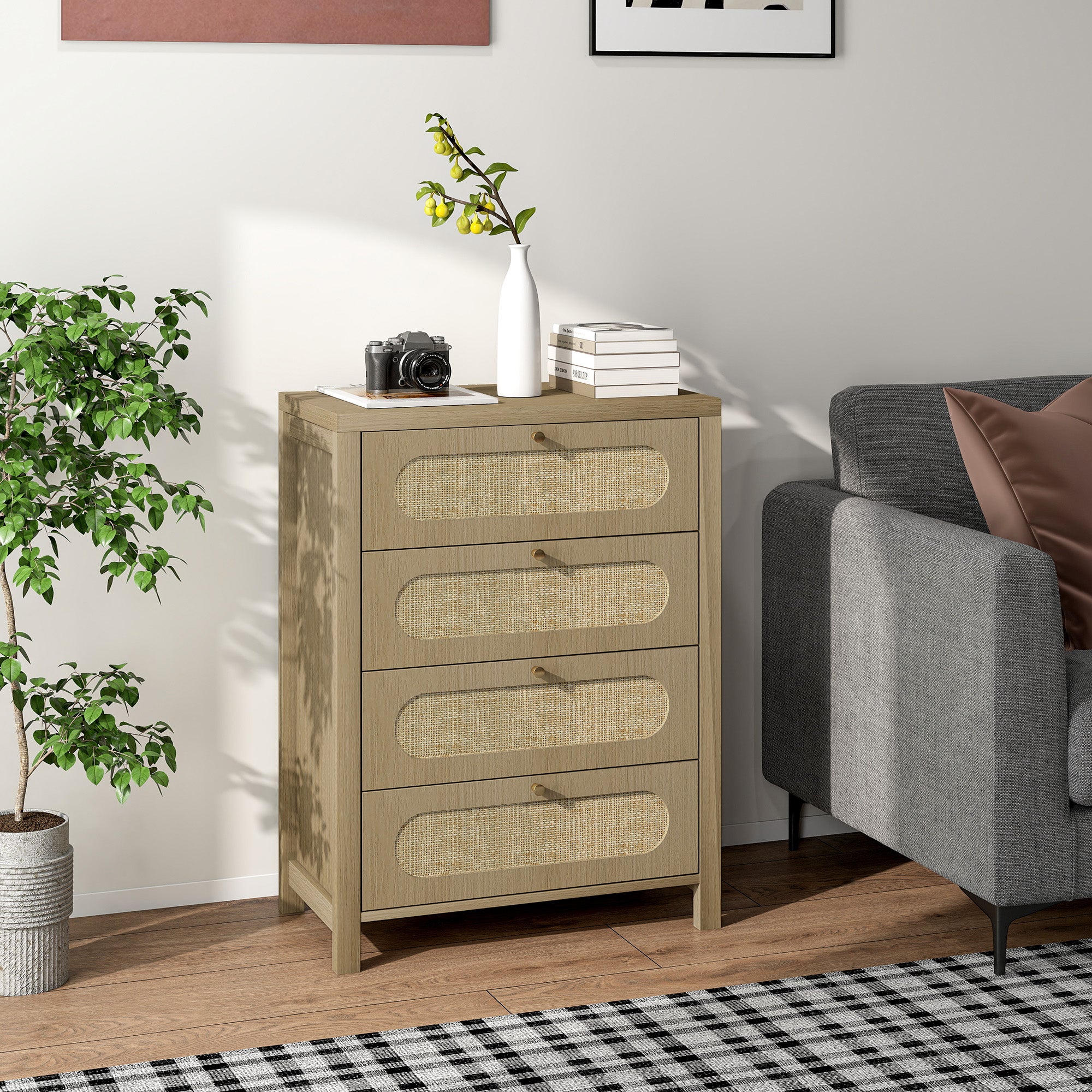 Commode 4 tiroirs meuble de rangement style bohémienne avec portes en résine tressée, poignées dorés, commode chambre à coucher, salon - 70 x 38 x 93 cm, effet bois naturel