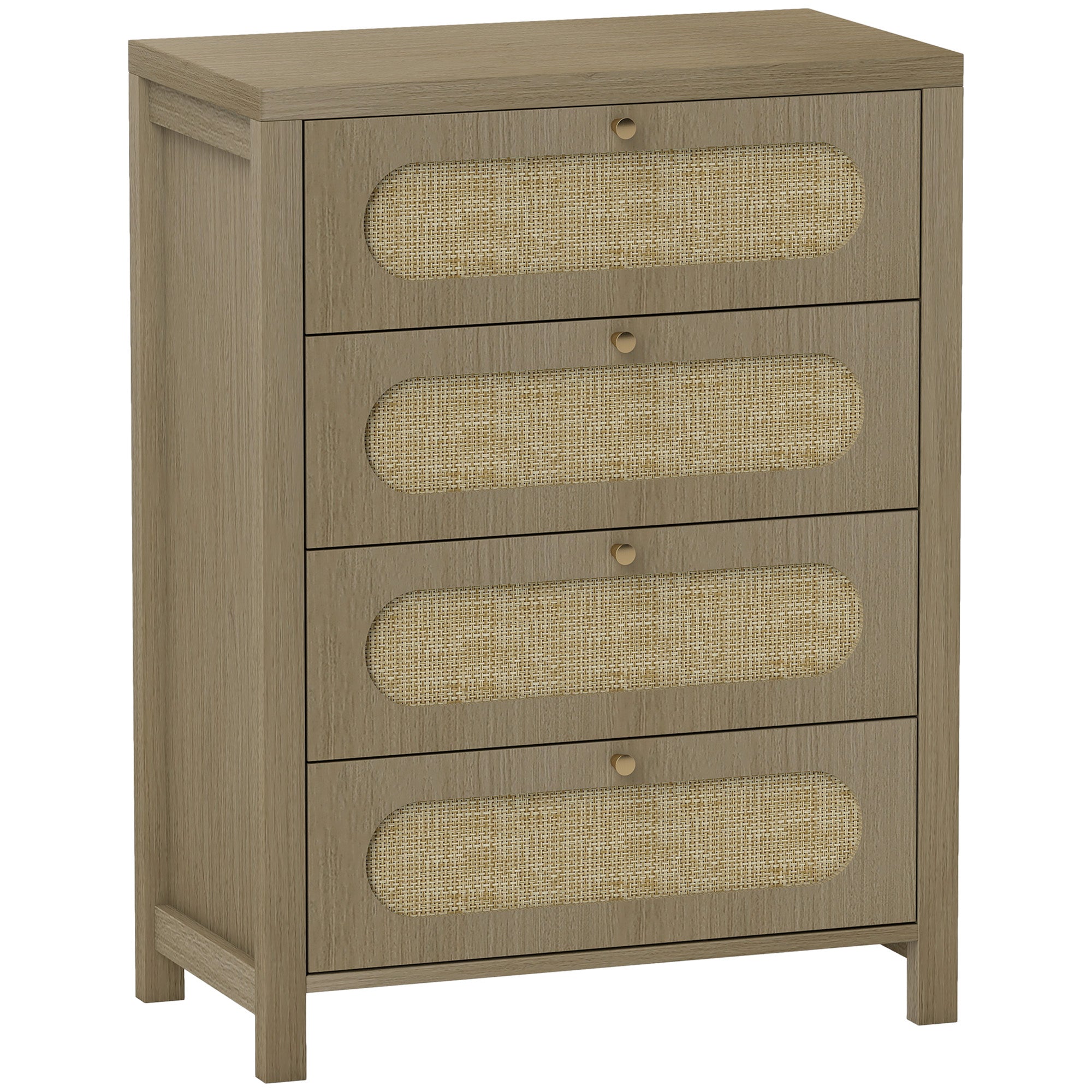 Commode 4 tiroirs meuble de rangement style bohémienne avec portes en résine tressée, poignées dorés, commode chambre à coucher, salon - 70 x 38 x 93 cm, effet bois naturel