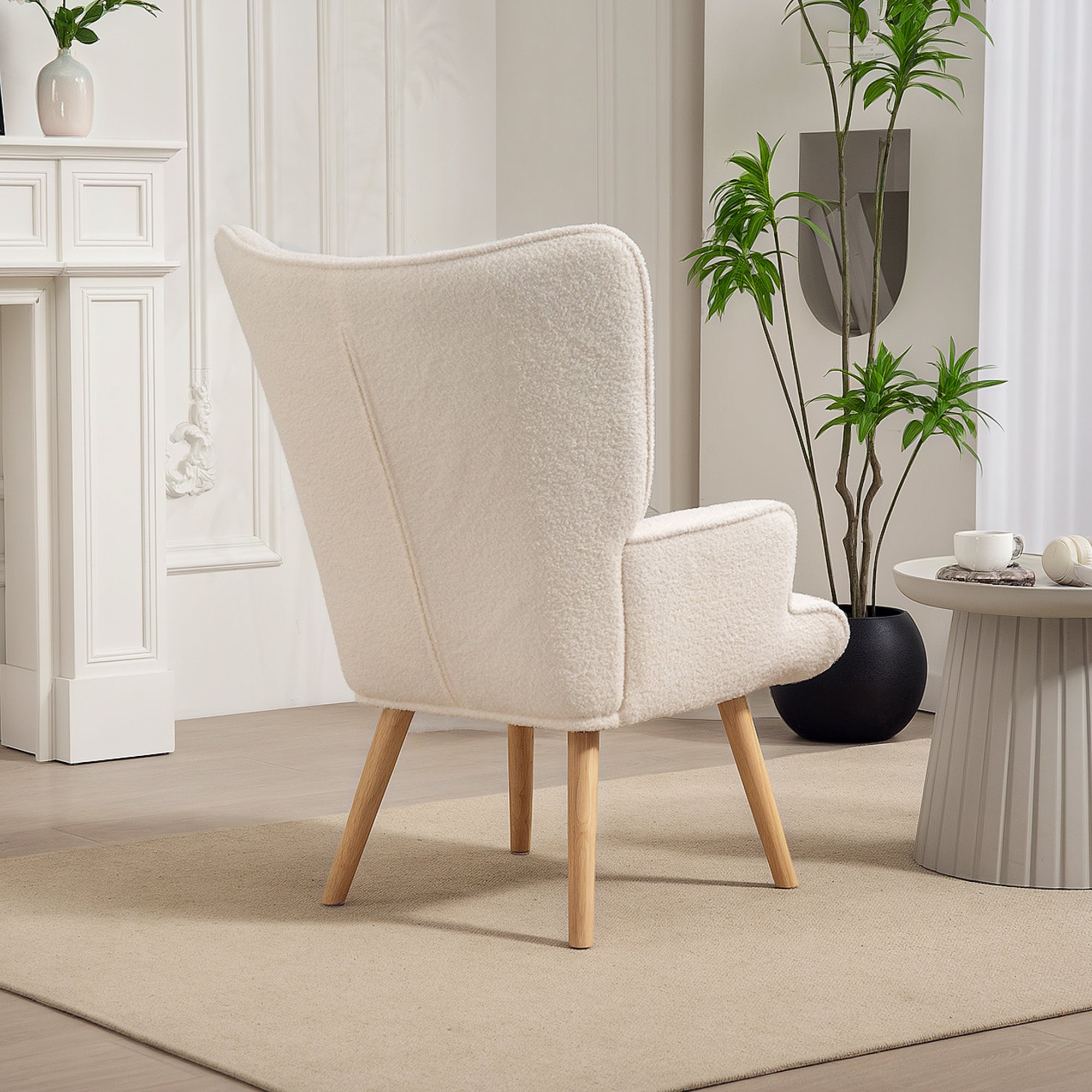 Fauteuil de salon en tissu bouclette, fauteuil moderne, capitonné et rembourré avec pieds en bois, accoudoirs et dossier ergonomique, pour salle à manger, salon, chambre, bureau, beige
