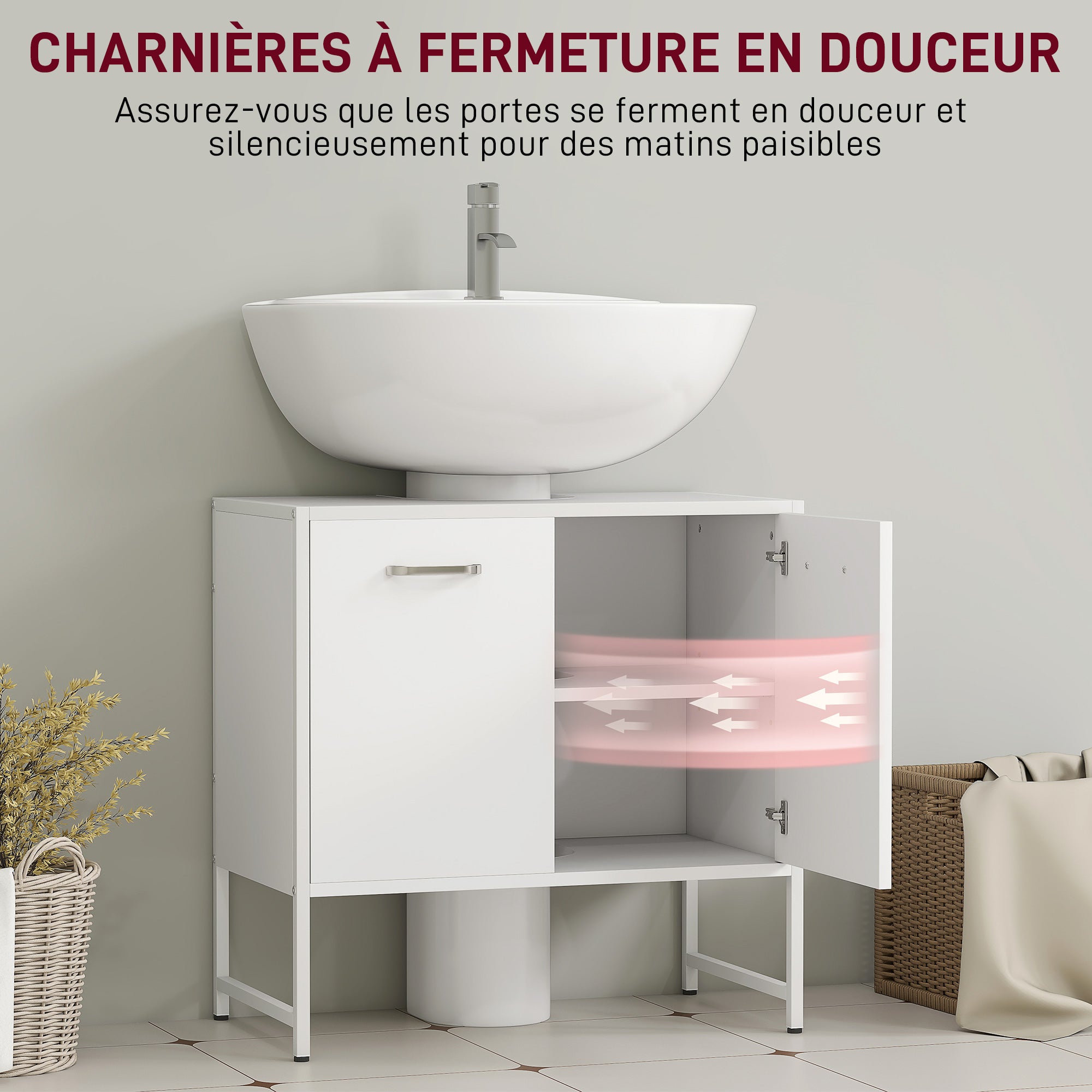 Meuble sous lavabo, meuble de salle de bain avec 2 portes à fermeture douce et étagère réglable, pieds en acier, armoire de salle de bains sous lavabo, 60 x 33 x 60,5 cm, blanc