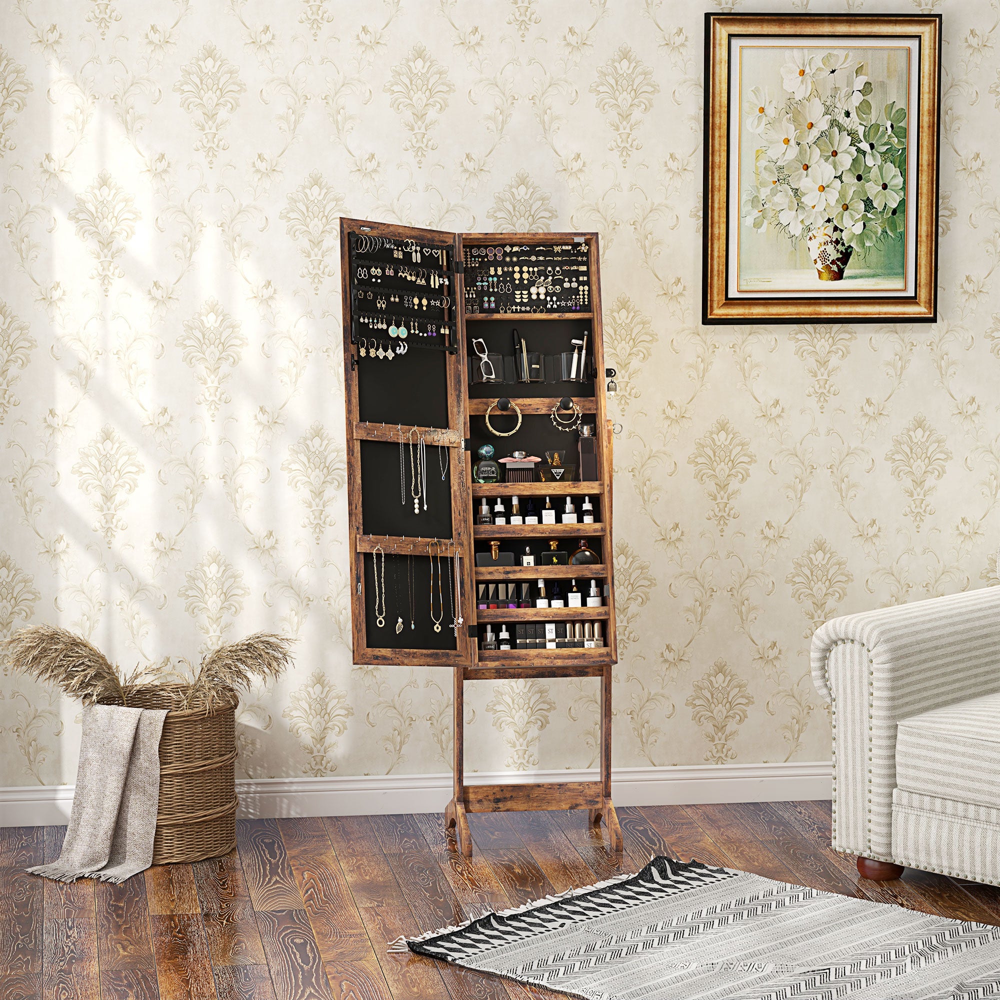 Armoire à bijoux LED avec miroir sur pied range bijoux avec éclairage à écran tactile marron