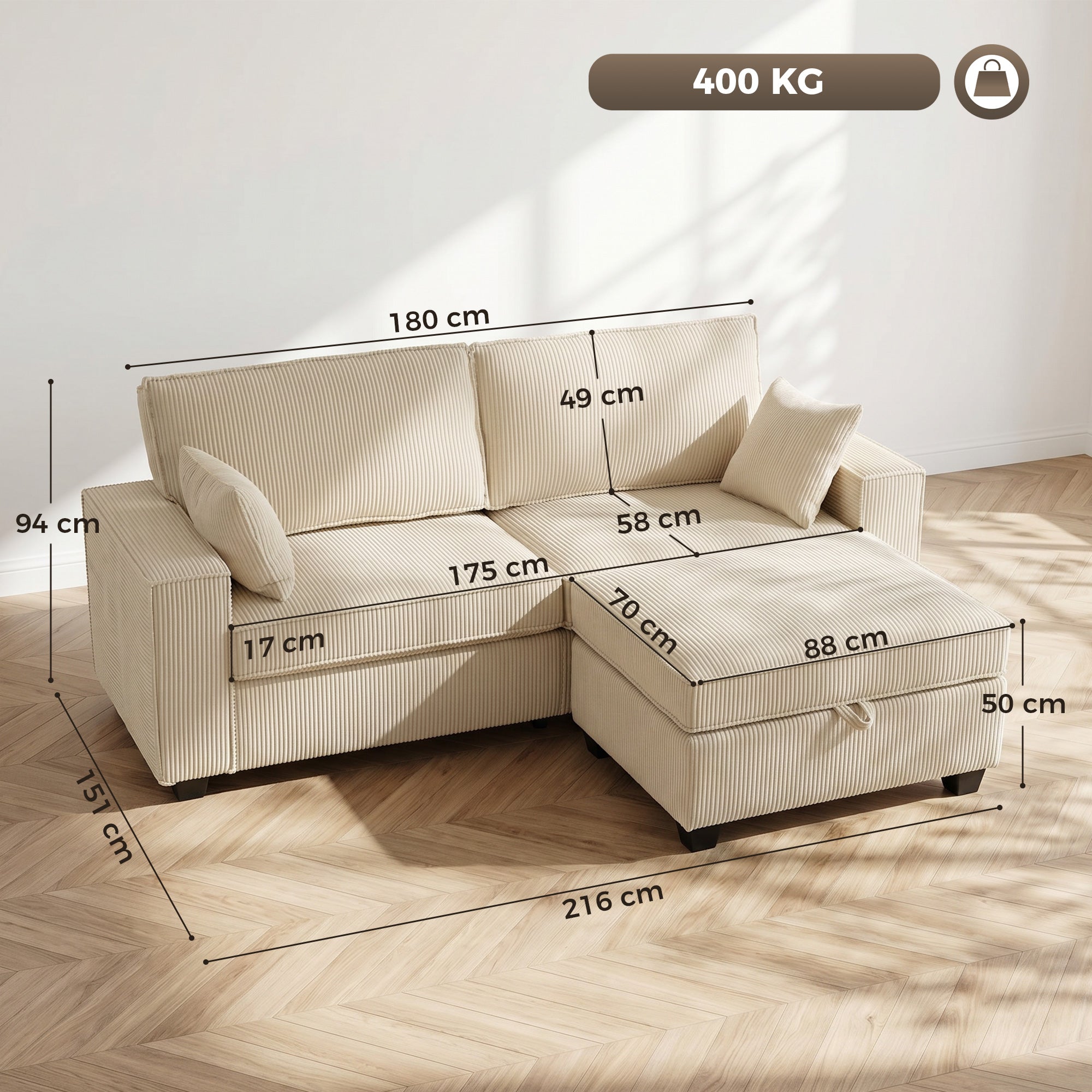 Canapé 3 Places avec Pouf de Rangement, Canapé d'Angle en Velours Côtelé 216 cm, Assise Large, Accoudoirs Larges, 2 Coussins, Coussins à Ressorts, Poches Latérales, pour Salon, Chambre, Beige