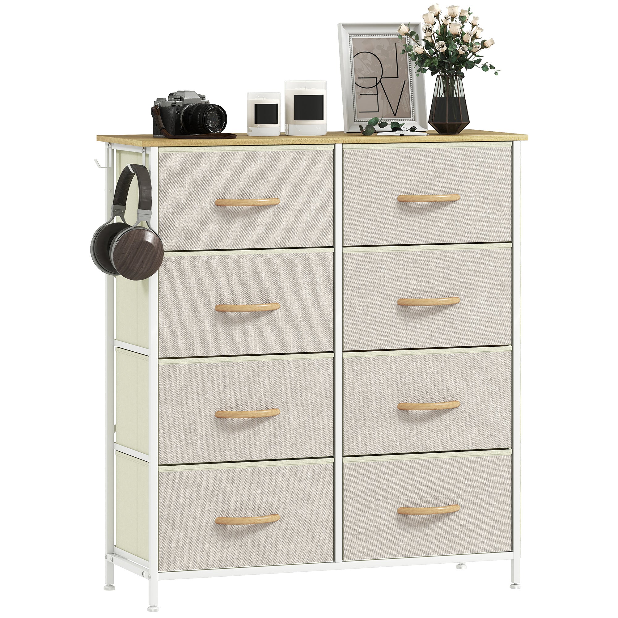 Commode 8 tiroirs en tissu, meuble de rangement avec 4 poches, 2 crochets, structure en acier, chiffonnier pour salon, chambre, entrée, beige