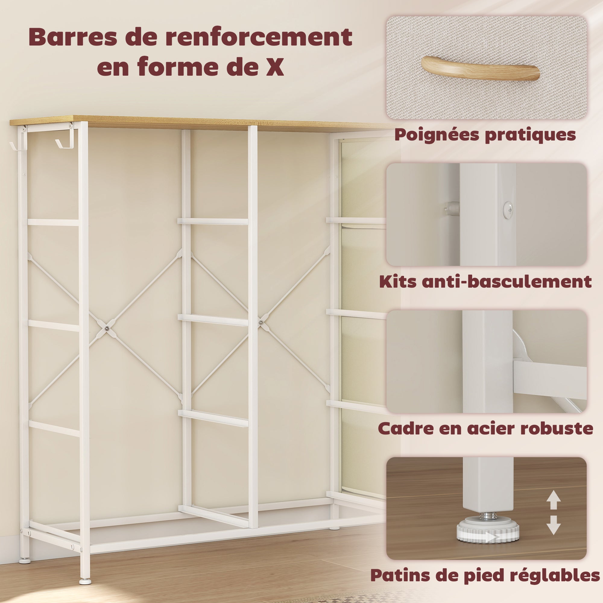 Commode 8 tiroirs en tissu, meuble de rangement avec 4 poches, 2 crochets, structure en acier, chiffonnier pour salon, chambre, entrée, beige