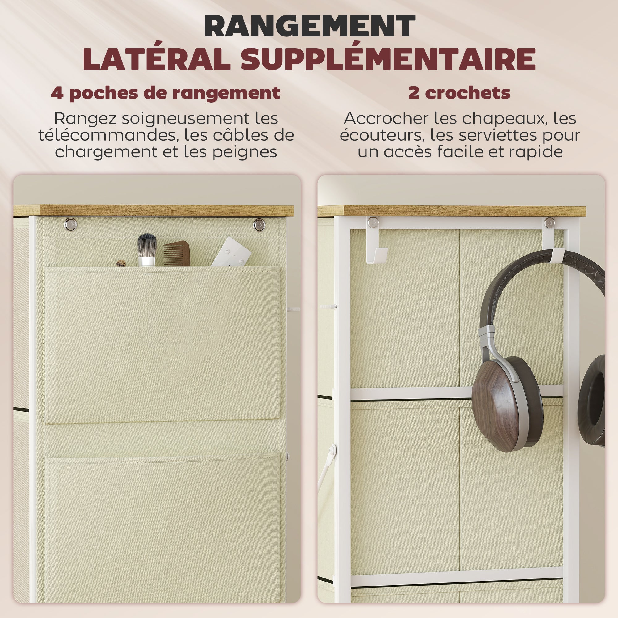 Commode 8 tiroirs en tissu, meuble de rangement avec 4 poches, 2 crochets, structure en acier, chiffonnier pour salon, chambre, entrée, beige