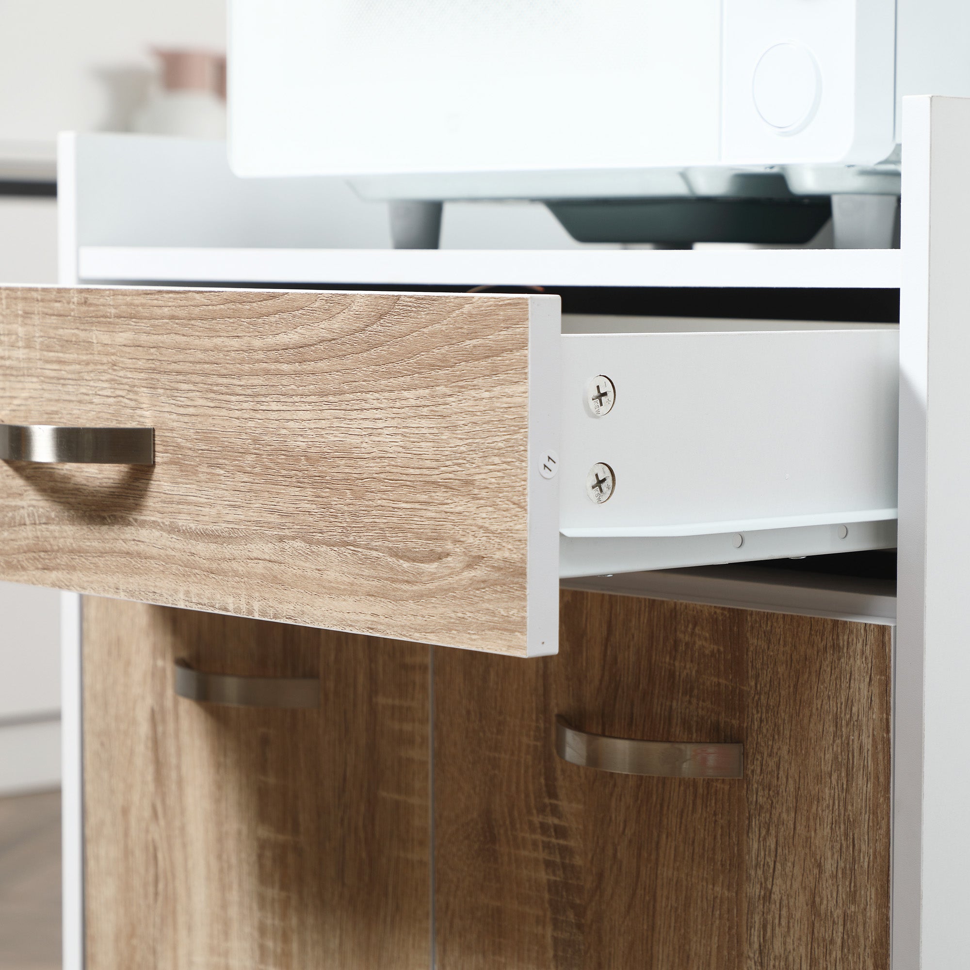 Chariot de service desserte de cuisine à roulettes tiroir placard 2 portes étagère panneaux particules blanc aspect chêne clair