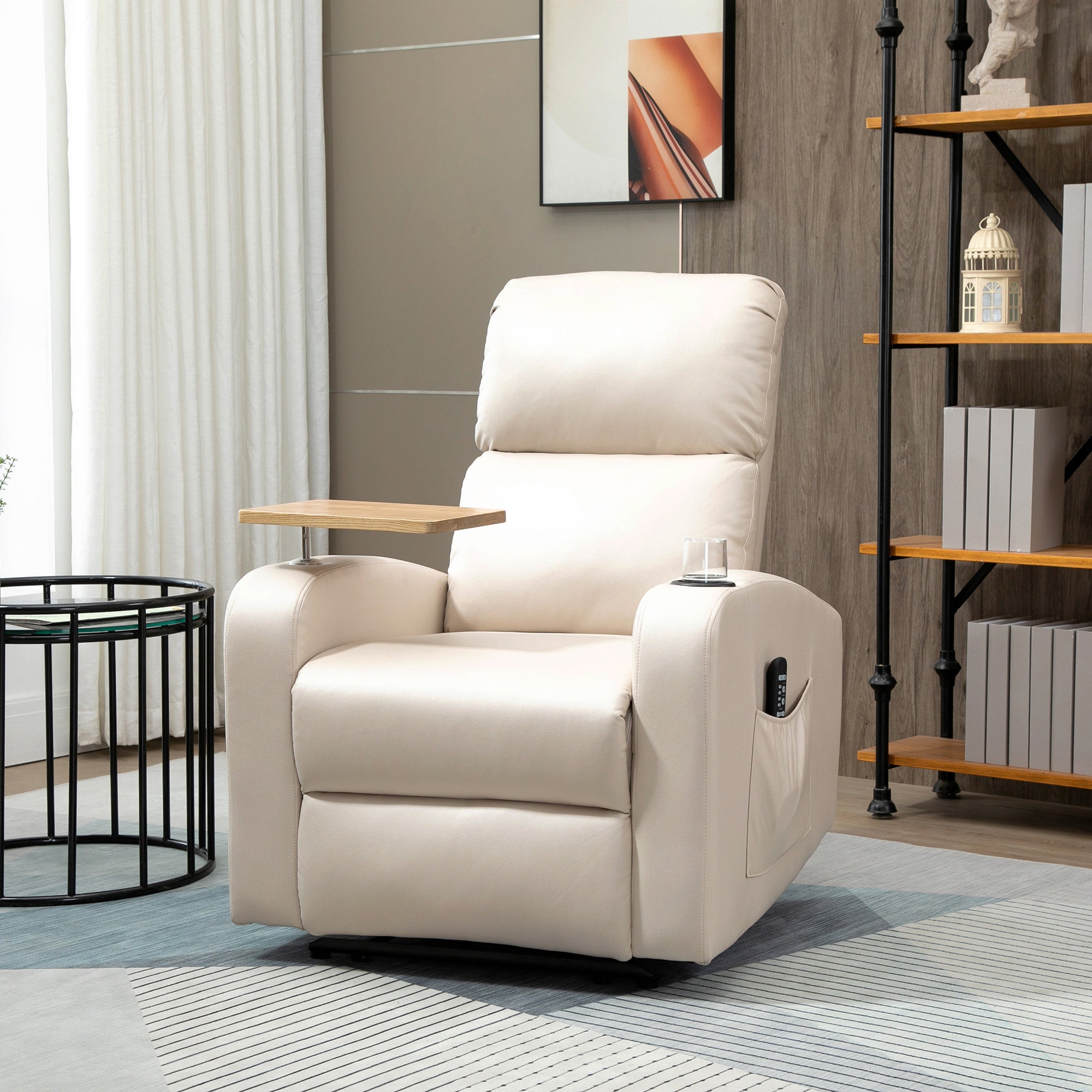 Fauteuil Relax Électrique Fauteuil Massant Inclinable avec Tablette, Poches latérales et Télécommande pour Salon et Chambre- en Microfibre Beige