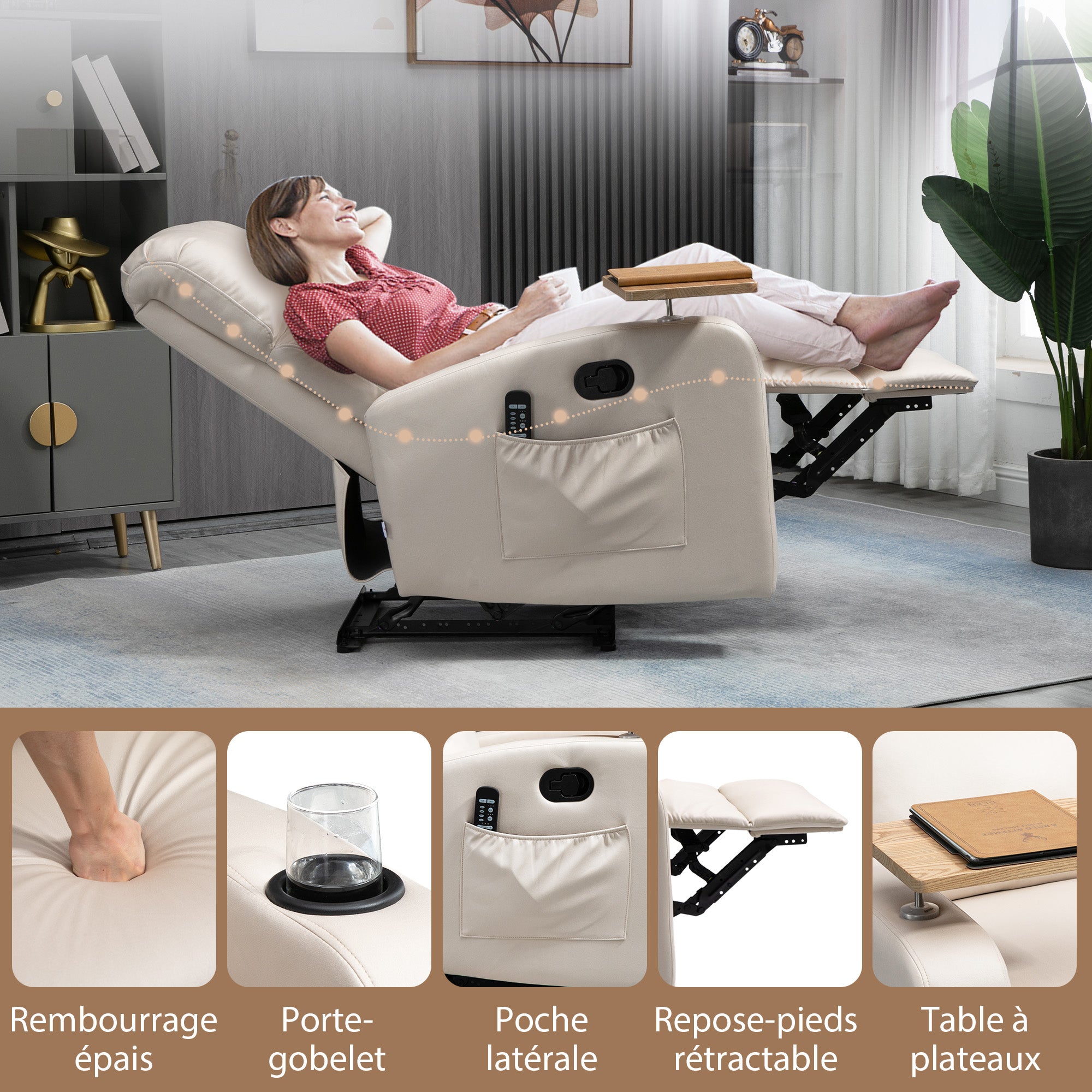 Fauteuil Relax Électrique Fauteuil Massant Inclinable avec Tablette, Poches latérales et Télécommande pour Salon et Chambre- en Microfibre Beige