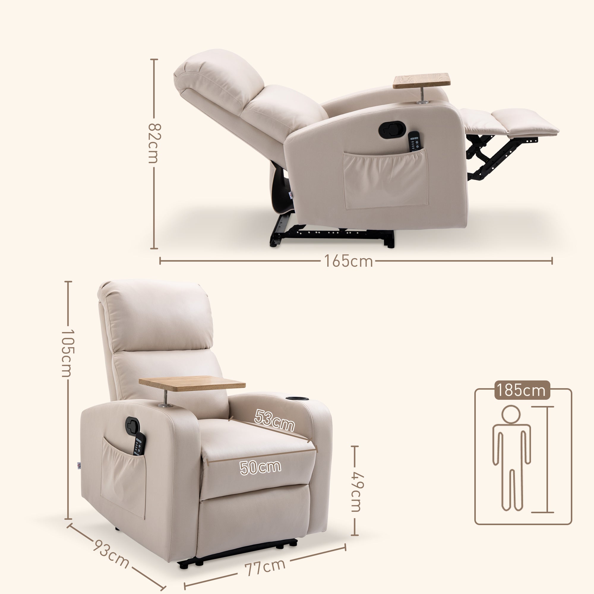 Fauteuil Relax Électrique Fauteuil Massant Inclinable avec Tablette, Poches latérales et Télécommande pour Salon et Chambre- en Microfibre Beige