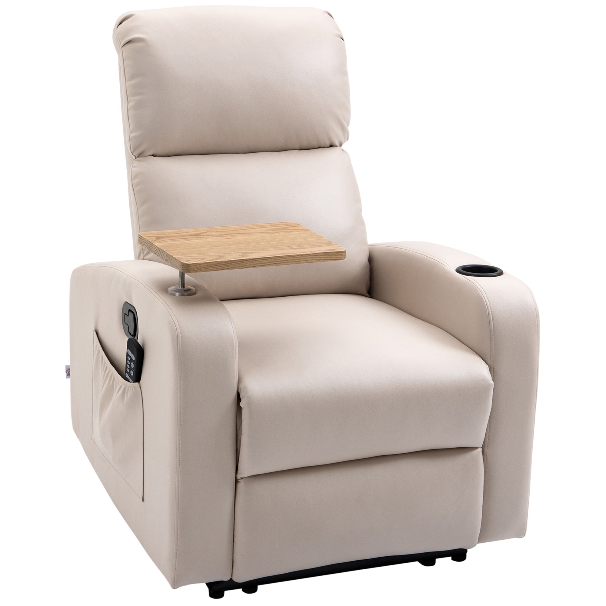 Fauteuil Relax Électrique Fauteuil Massant Inclinable avec Tablette, Poches latérales et Télécommande pour Salon et Chambre- en Microfibre Beige