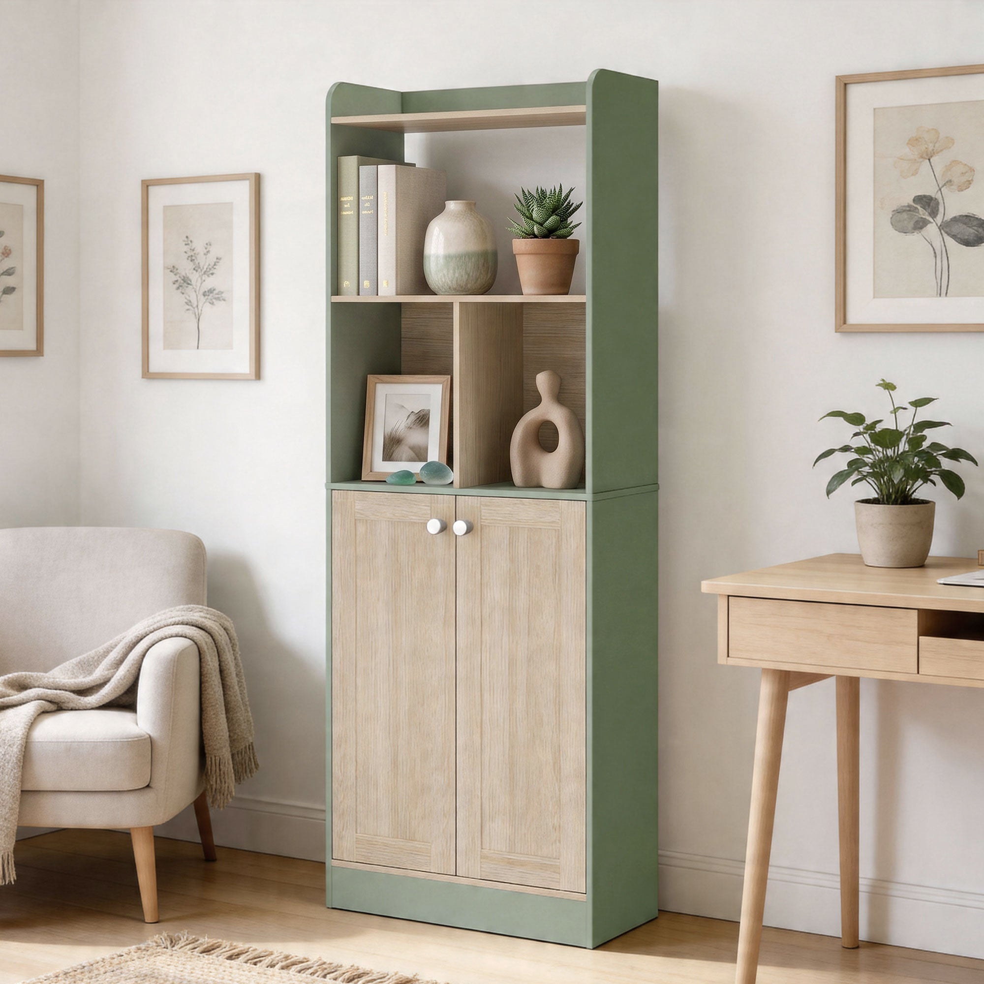 Bibliothèque à 5 niveaux, meuble de rangement, étagère à livres 60 x 30 x 161,2 cm avec 2 portes, étagère de rangement pour salon, chambre, bureau, vert et bois naturel