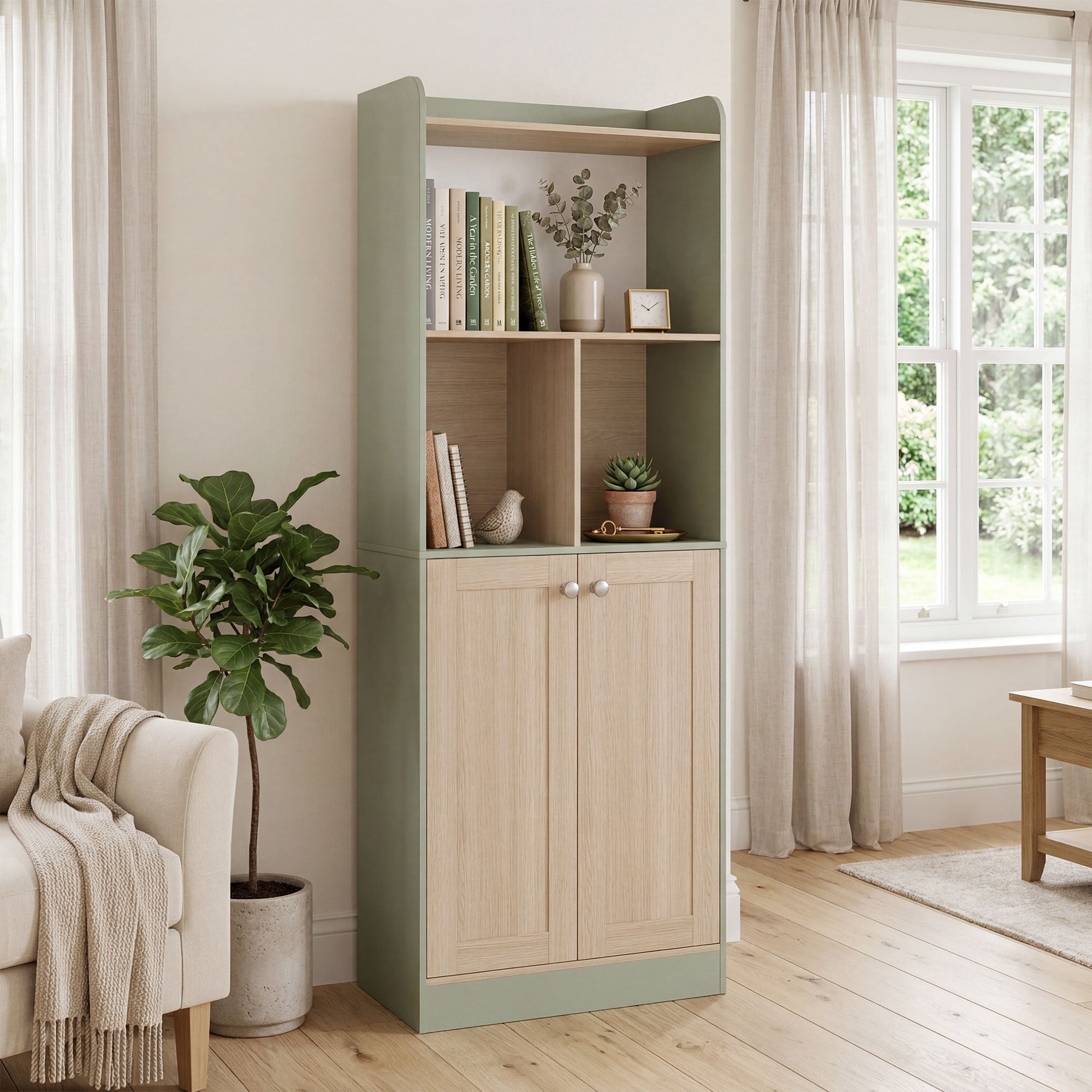Bibliothèque à 5 niveaux, meuble de rangement, étagère à livres 60 x 30 x 161,2 cm avec 2 portes, étagère de rangement pour salon, chambre, bureau, vert et bois naturel