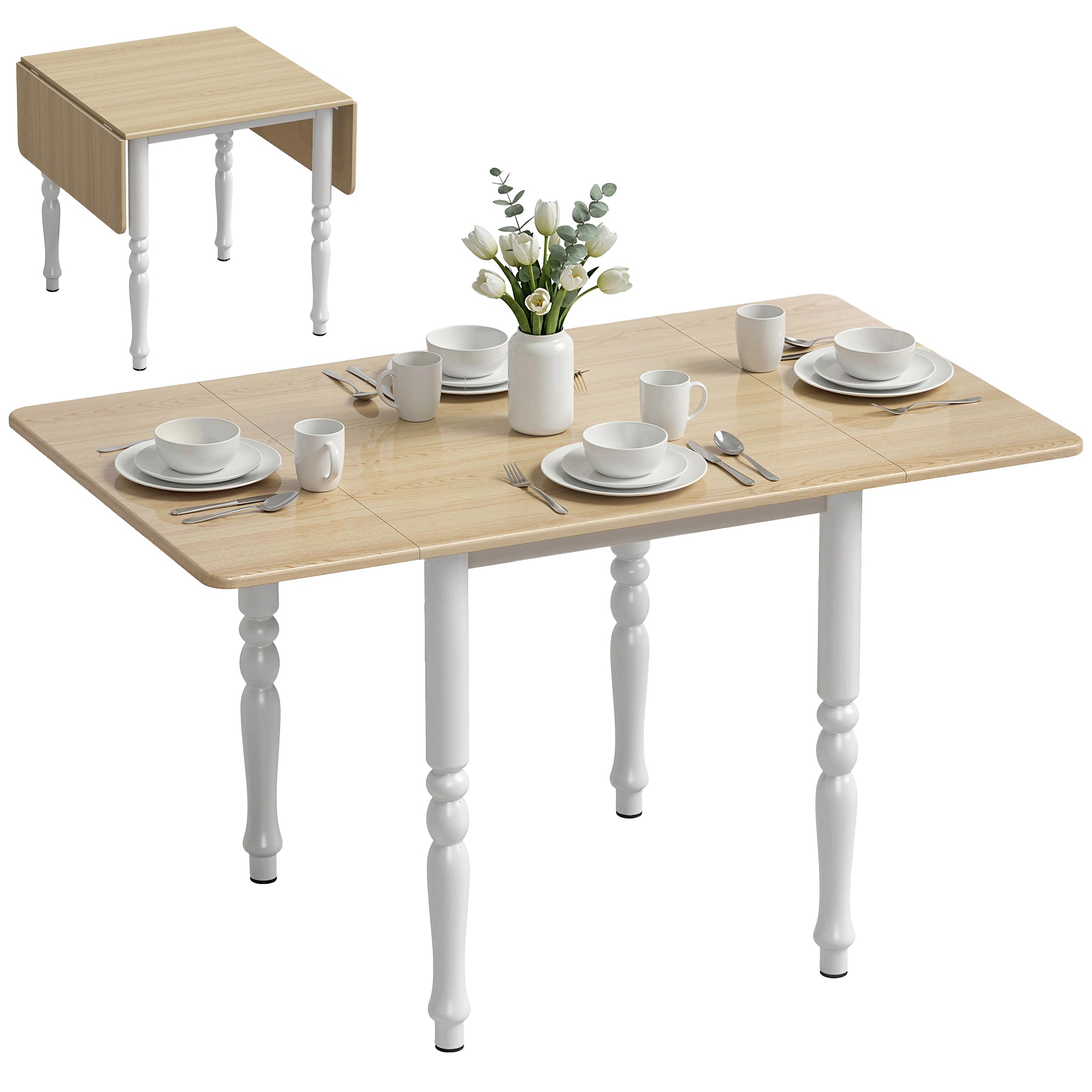 Table à manger pliante pour 4 à 6 personnes 74-134 cm, table de cuisine rectangulaire avec 2 abattants, pieds tournés en acier, pour petits espaces, salle à manger, effet bois naturel