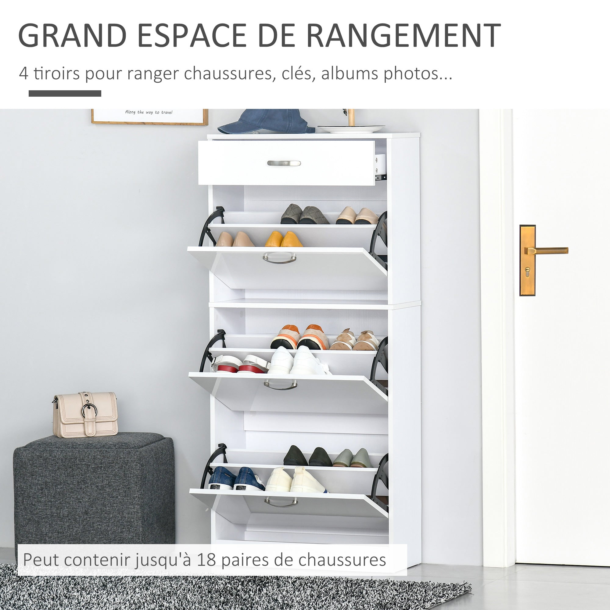 Meuble à Chaussures - 3 Portes abattantes et tiroir Coulissant - dim. 62L x 24l x 135H cm - poignées alu. Panneaux Particules Blanc