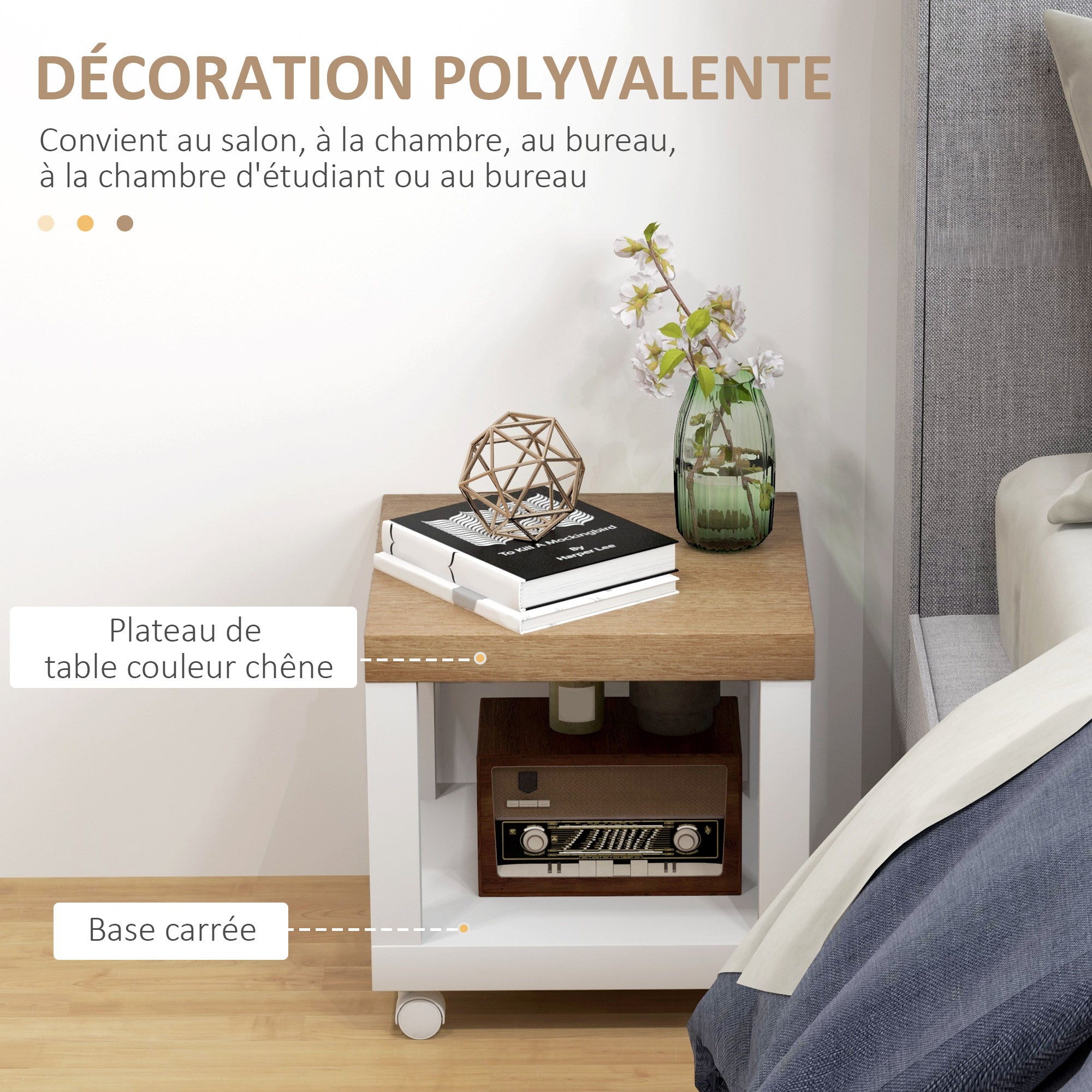 Table d'Appoint Roulante, Table Basse Moderne avec Étagère Ouverte, pour Salon, Chambre ou Bureau, 40 x 40 x 40 cm, Bois Naturel & Blanc