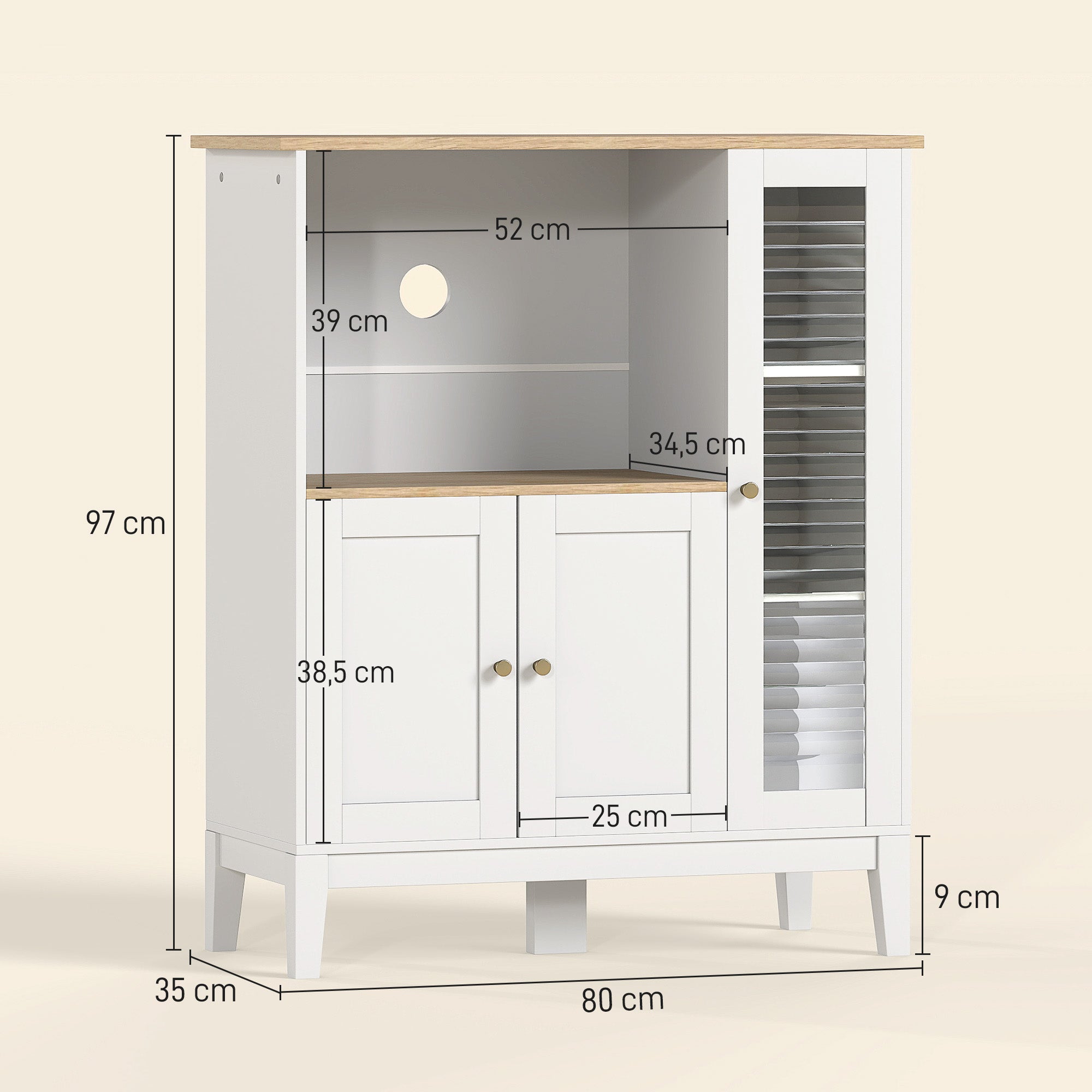 Meuble micro-ondes, armoire de cuisine, buffet, avec 1 niche 3 portes, passe-câbles, pour cuisine, salle à manger, salon, 80 x 35 x 97 cm, verre trempé, blanc et aspect bois