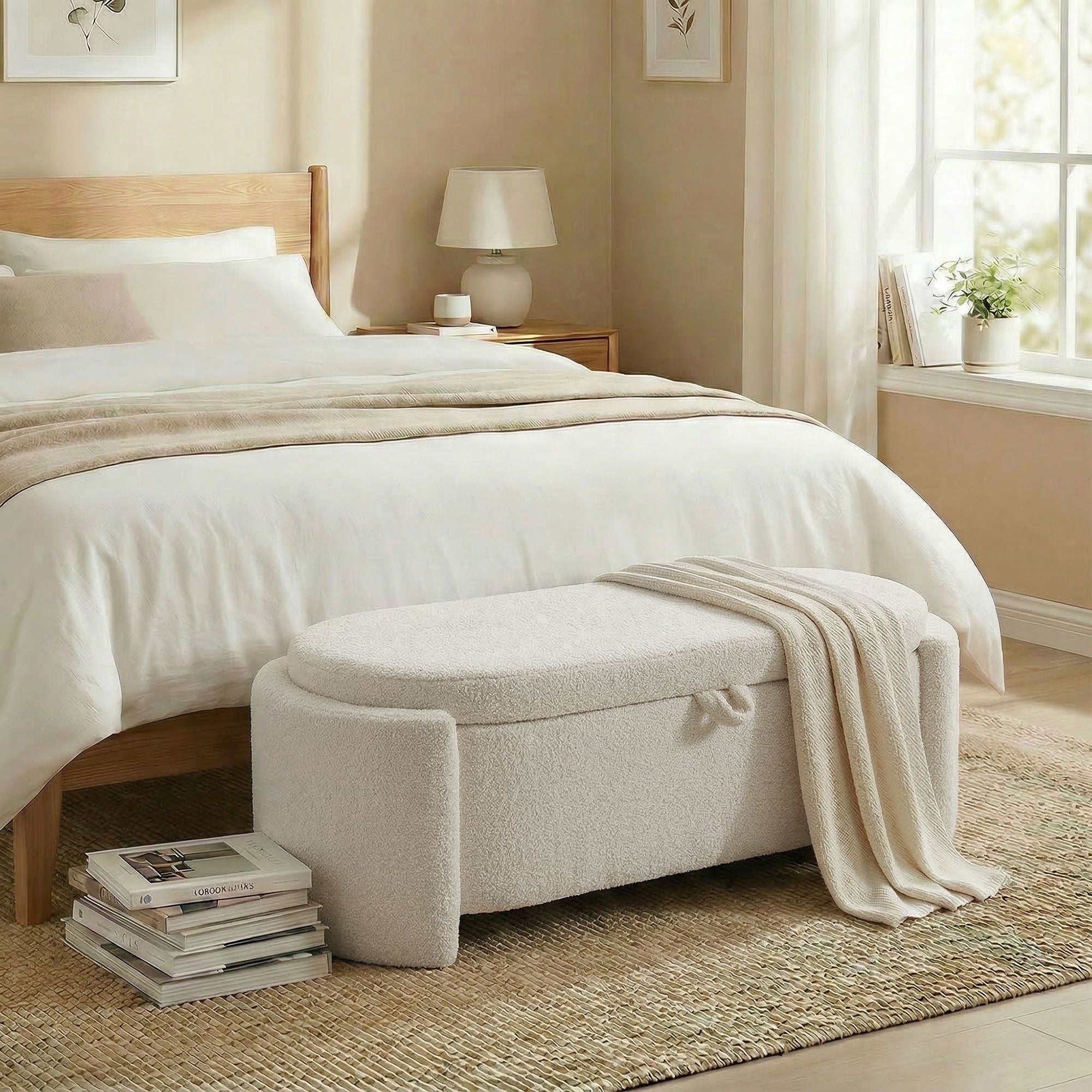 Banc de rangement, bout de lit ovale, repose-pieds rembourré en polaire Teddy avec assise large, charge 200 Kg, coffre de rangement pour salon, chambre, entrée, 129 x 48,5 x 44 cm, crème