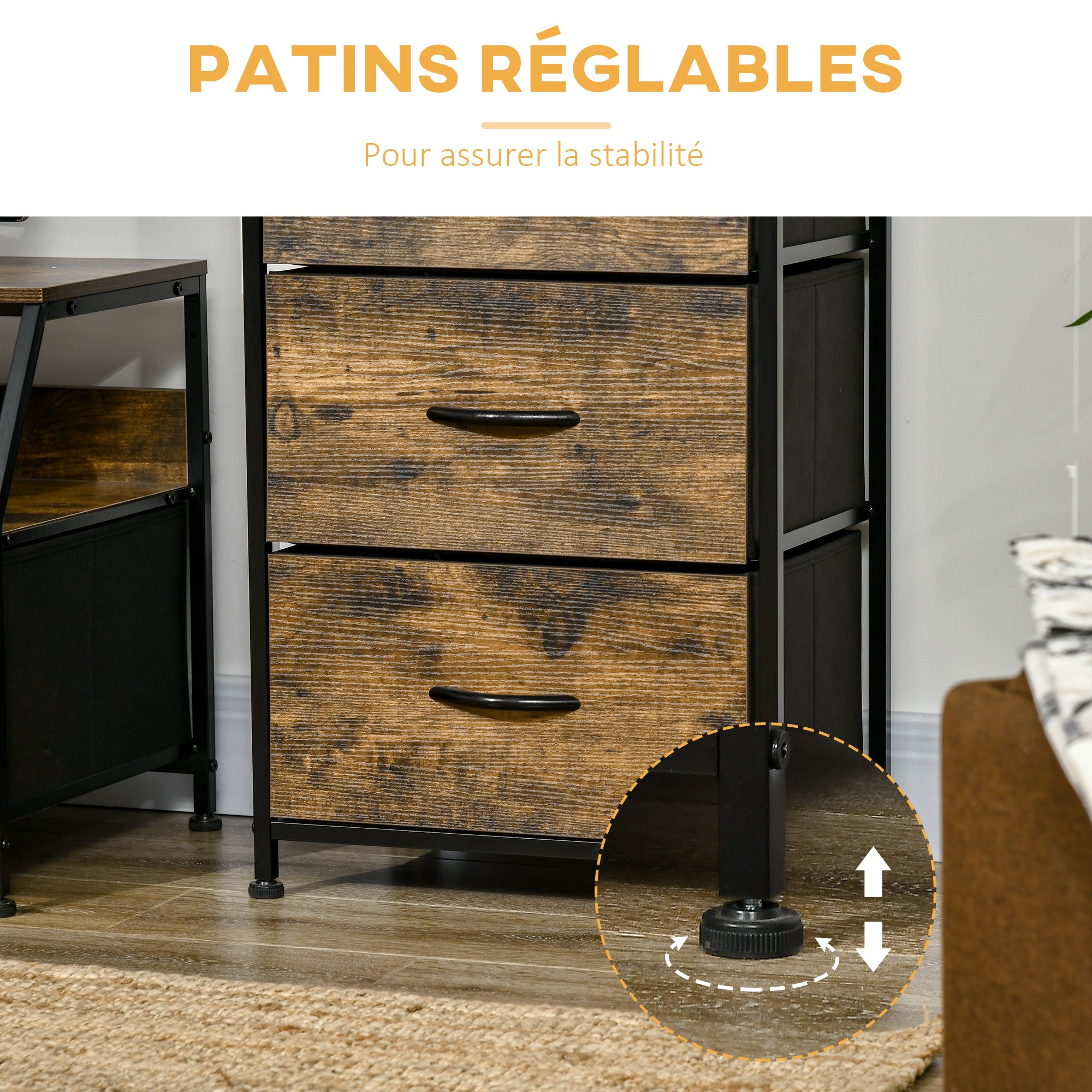 Meuble de rangement style industriel commode 3 tiroirs en tissu amovibles et 2 étagères - 44 x 29 x 92 cm - bois et métal