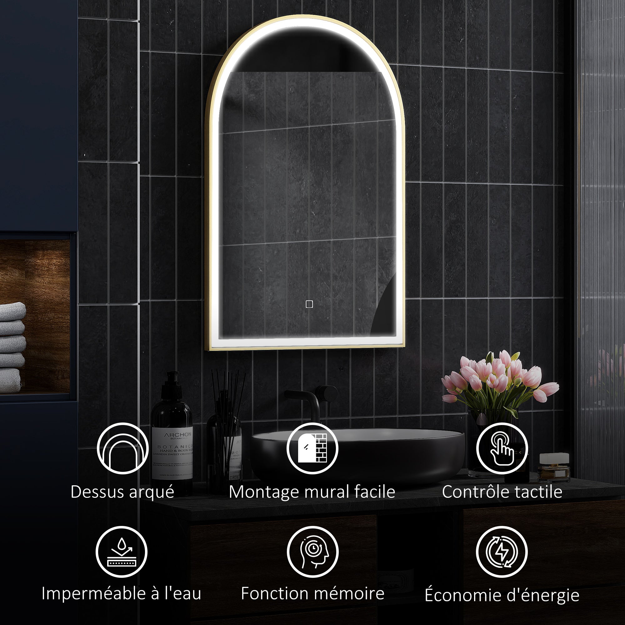 Miroir salle de bain 90 x 60 cm, miroir mural arqué, miroir salle de bain avec éclairage LED, lumière réglable 3 couleurs, anti-buée, mémoire, interrupteur tactile, cadre en aluminium - doré