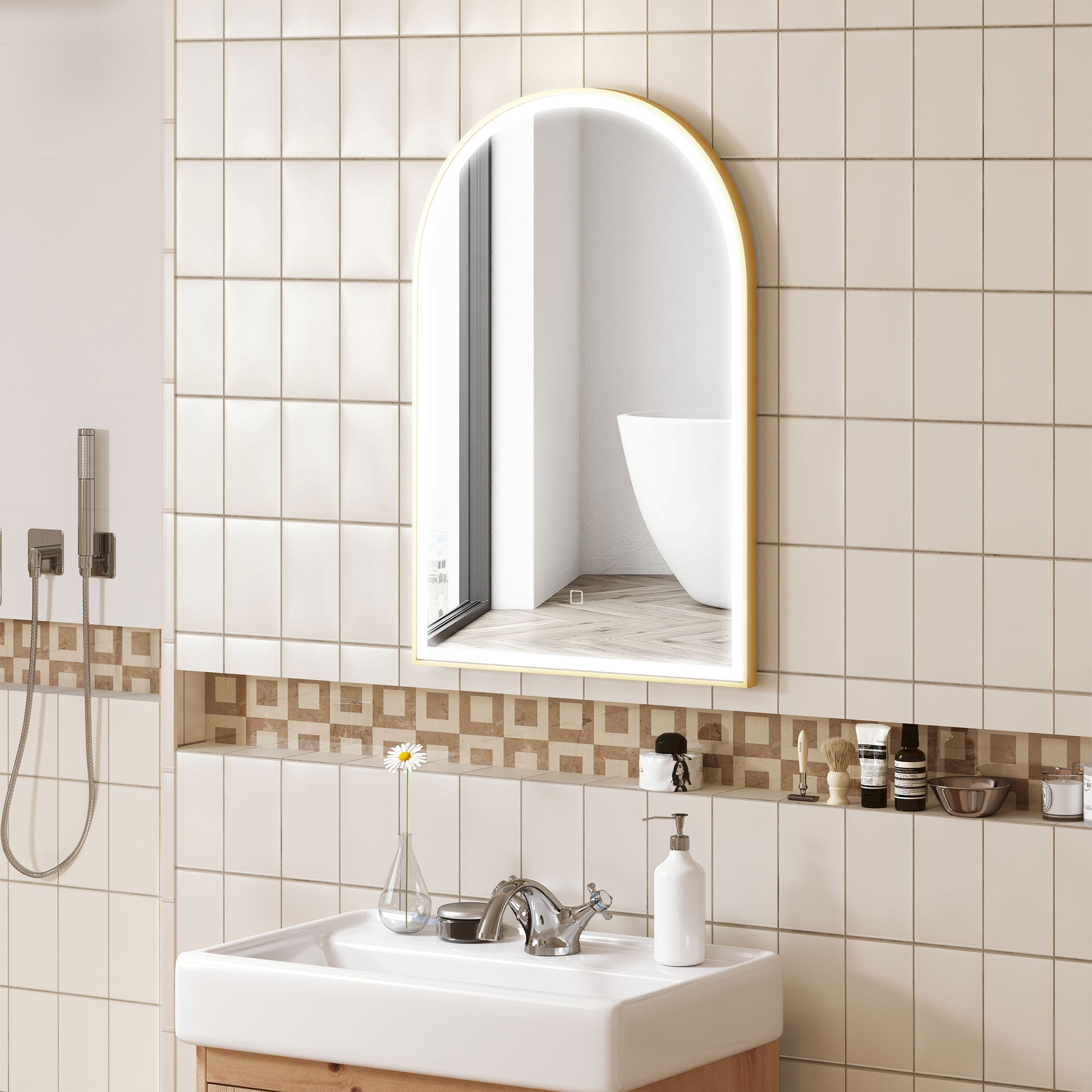 Miroir salle de bain 90 x 60 cm, miroir mural arqué, miroir salle de bain avec éclairage LED, lumière réglable 3 couleurs, anti-buée, mémoire, interrupteur tactile, cadre en aluminium - doré