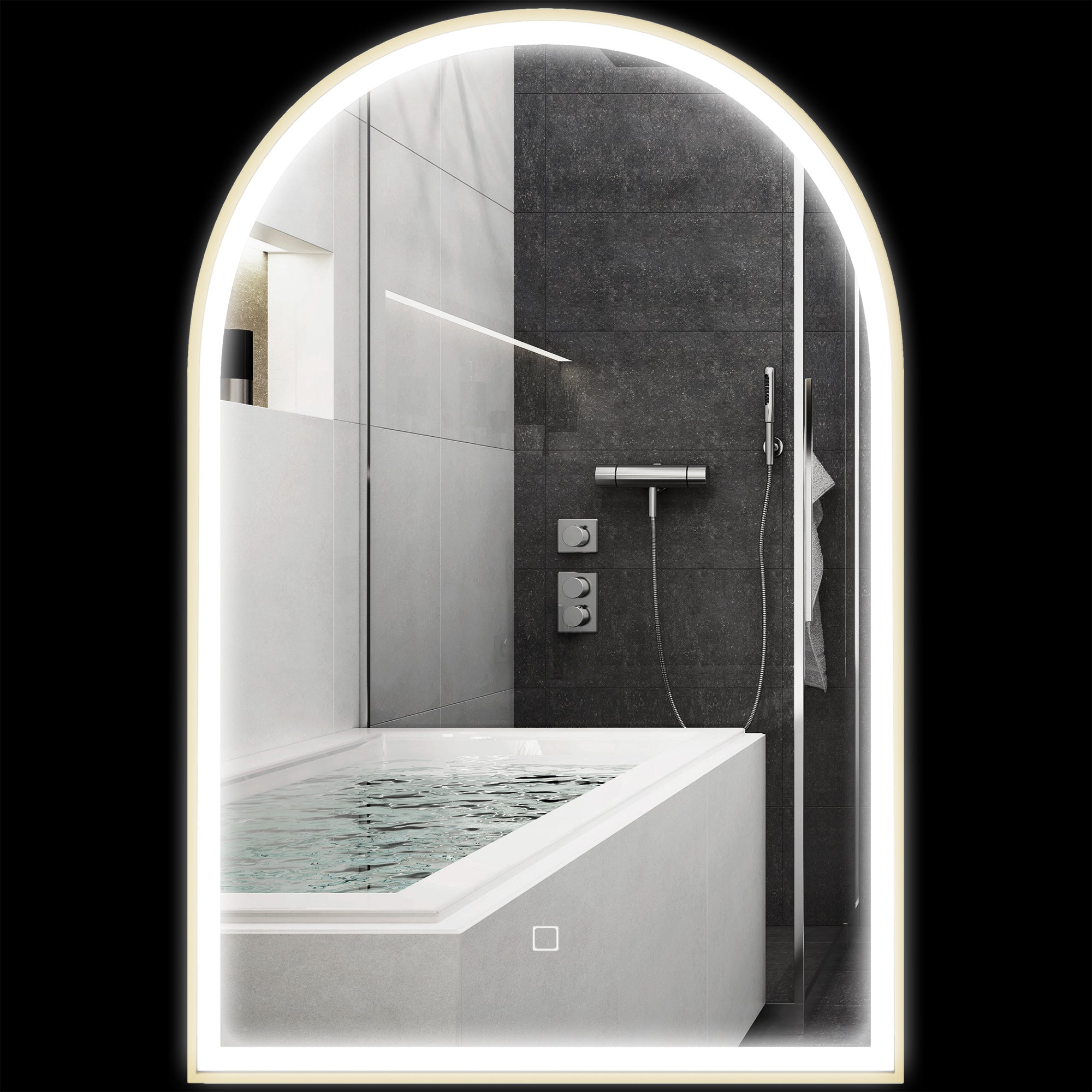 Miroir salle de bain 90 x 60 cm, miroir mural arqué, miroir salle de bain avec éclairage LED, lumière réglable 3 couleurs, anti-buée, mémoire, interrupteur tactile, cadre en aluminium - doré