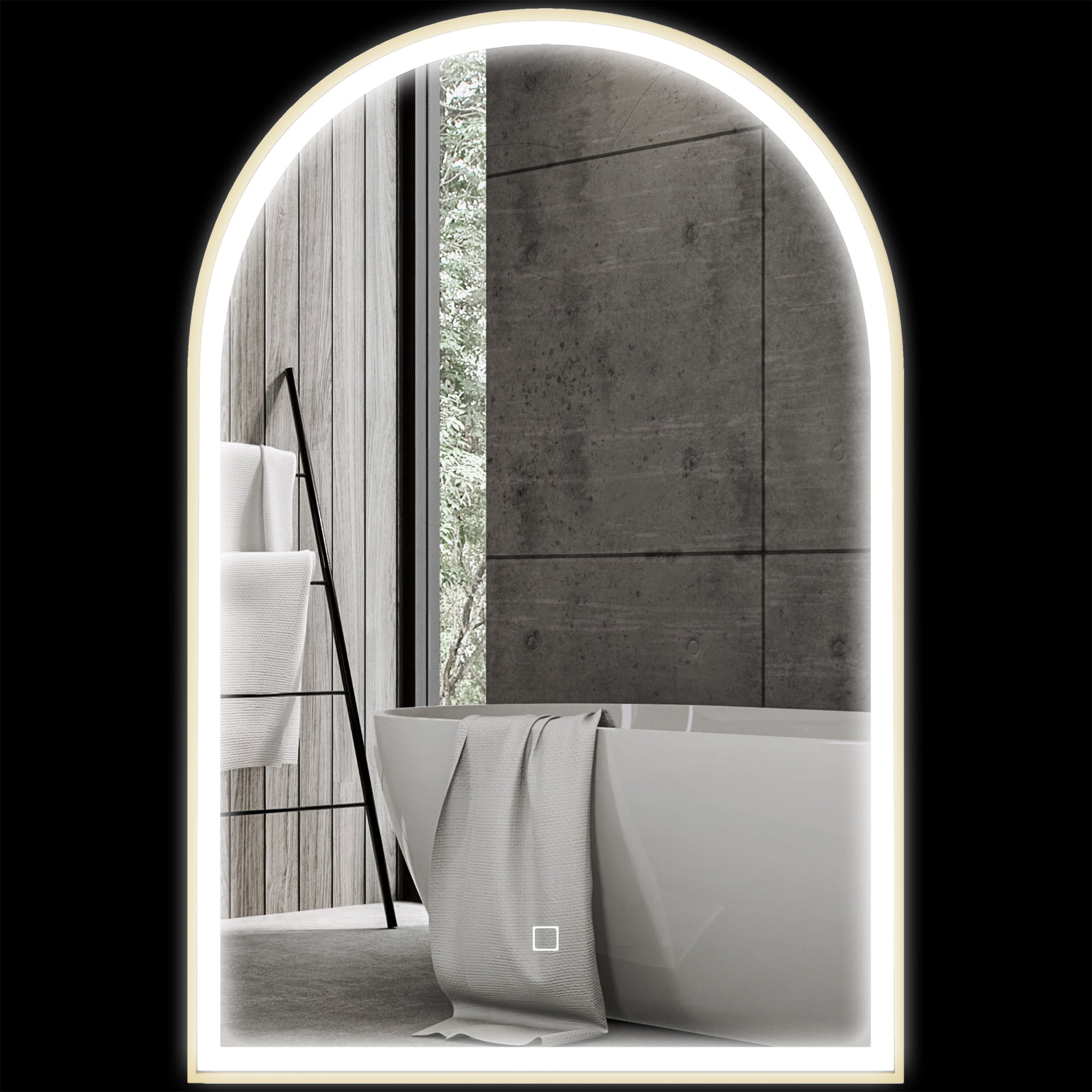 Miroir salle de bain 90 x 60 cm, miroir mural arqué, miroir salle de bain avec éclairage LED, lumière réglable 3 couleurs, anti-buée, mémoire, interrupteur tactile, cadre en aluminium - doré