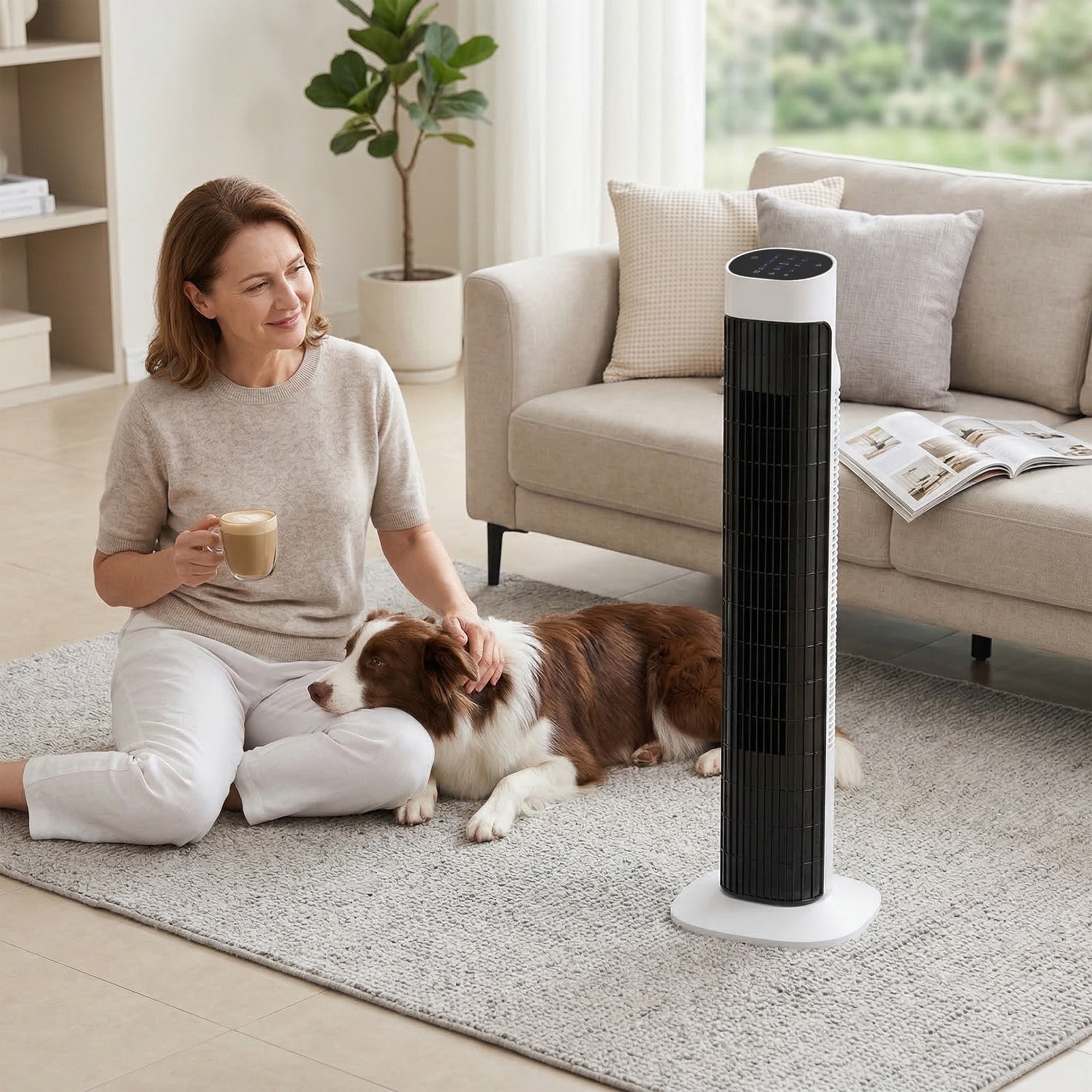 Ventilateur colonne, ventilateur tour pour chambre, 80 cm de haut, oscillant à 70°, écran LED, télécommande, 3 vitesses, minuterie 12H, blanc et noir