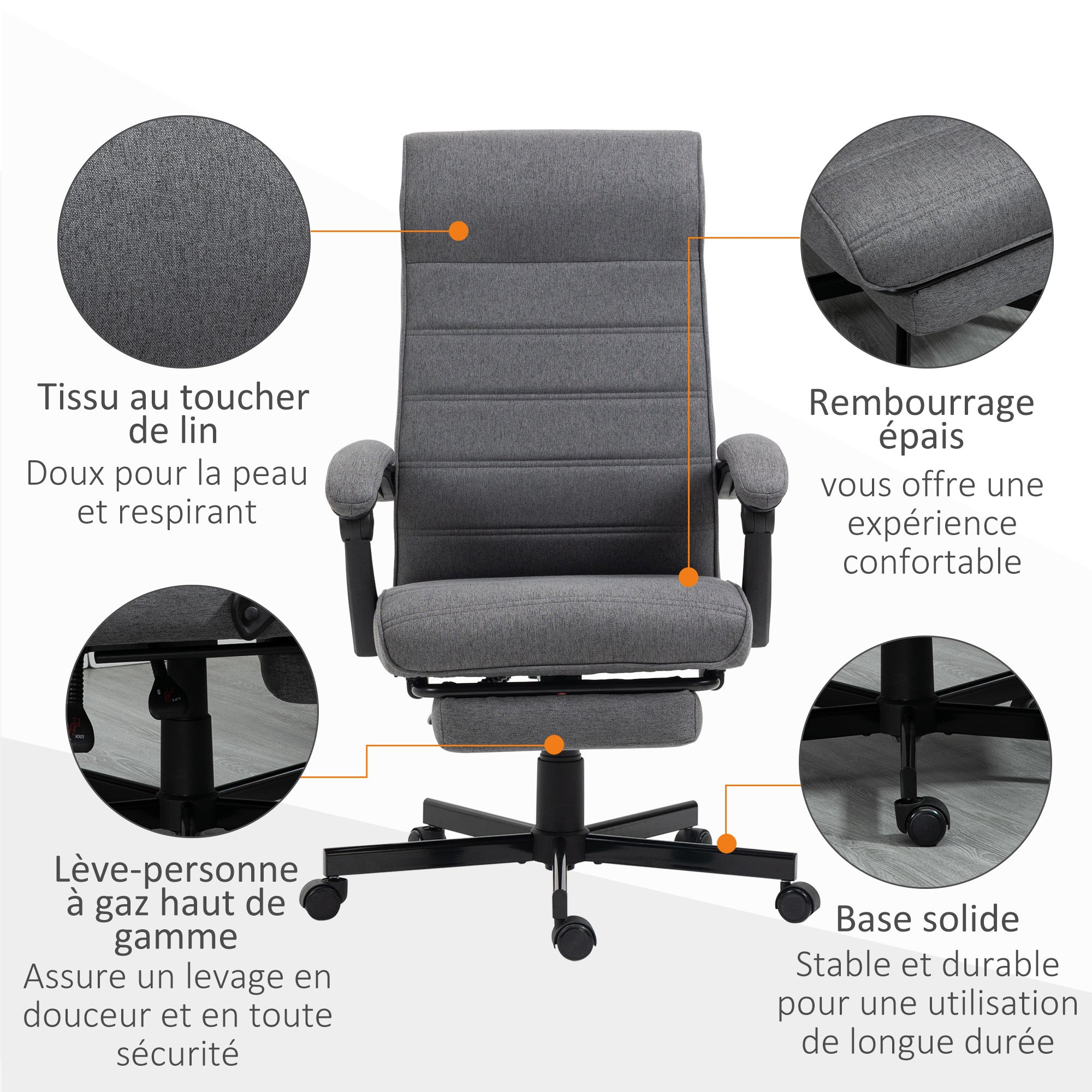 Fauteuil de bureau ergonomique, chaise de bureau, pivotant, inclinable, en tissu aspect lin avec accoudoirs, hauteur réglable et repose-pied rétractable, gris