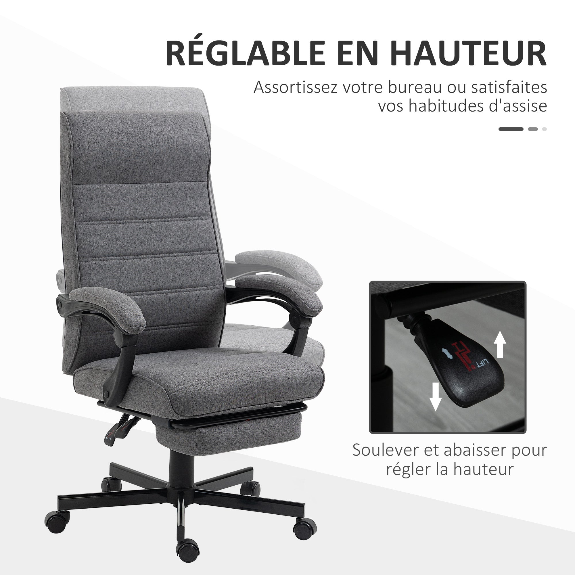 Fauteuil de bureau ergonomique, chaise de bureau, pivotant, inclinable, en tissu aspect lin avec accoudoirs, hauteur réglable et repose-pied rétractable, gris